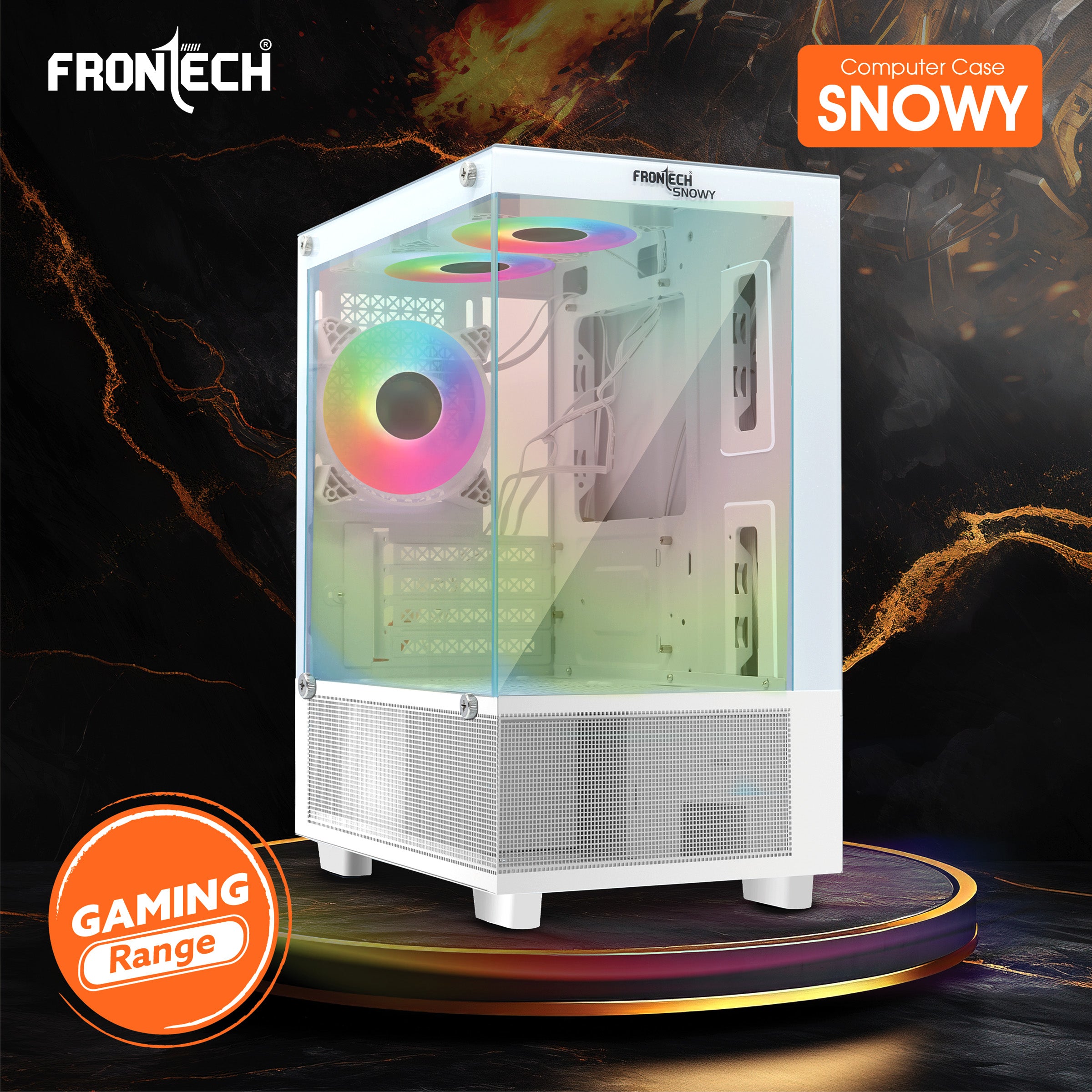 Snowy Gaming ATX Cabinet | Tempered Glass Panel, 3x120mm RGB Fan, USB 1.1 Ports & 3.0 Ports, White (FT-4288)