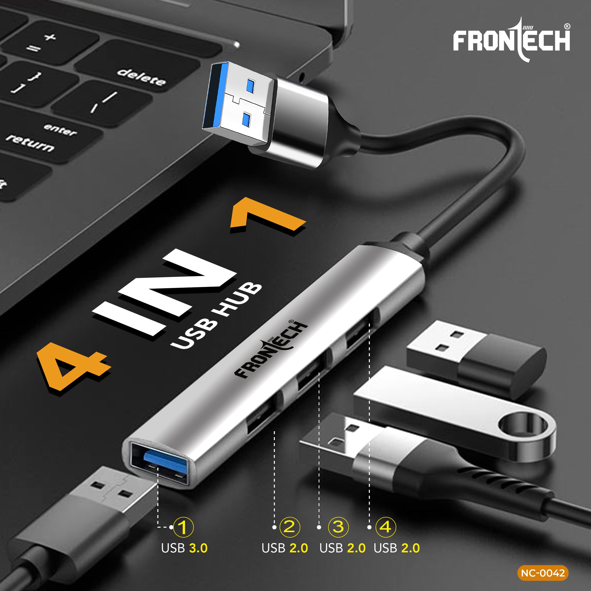 Frontech 4 in 1 Multiport HUB,USB 3.0, 3X USB 2.0,Compact Metal Design, Multi OS Compatible. (NC-0042)