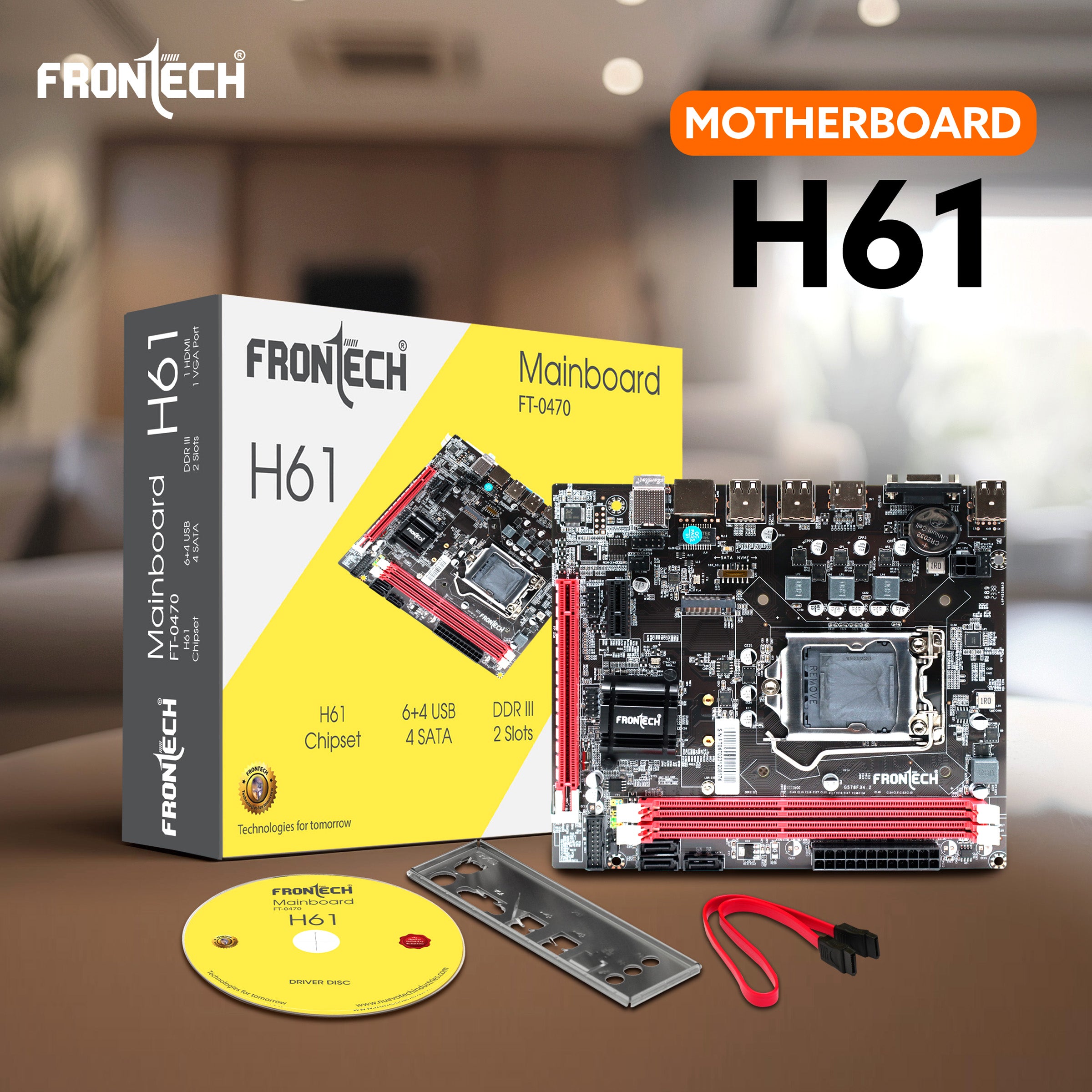 H61 Motherboard | LGA1155, 2xDDR3, Supports Pentium/i3/i5/i7, 6+4 USB, 3xSATA, NVMe/M.2, HDMI, VGA, PCIe x16 (FT-0470)