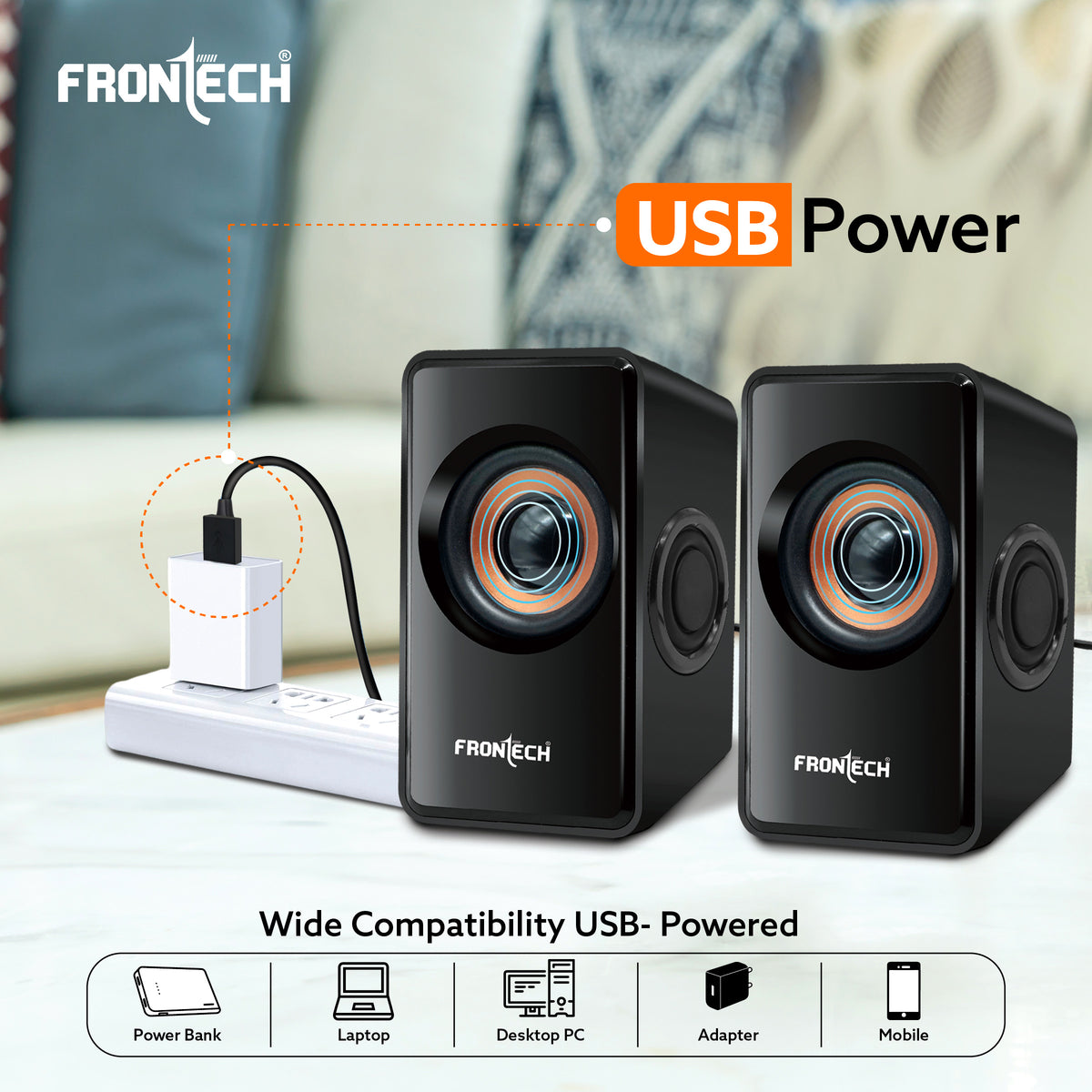 Frontech 2.0 USB PC Speakers | 2x2.5W Drivers (5cm) | 3.5mm Jack | For Laptop, PC, TV & Mobile (SPK-0001)