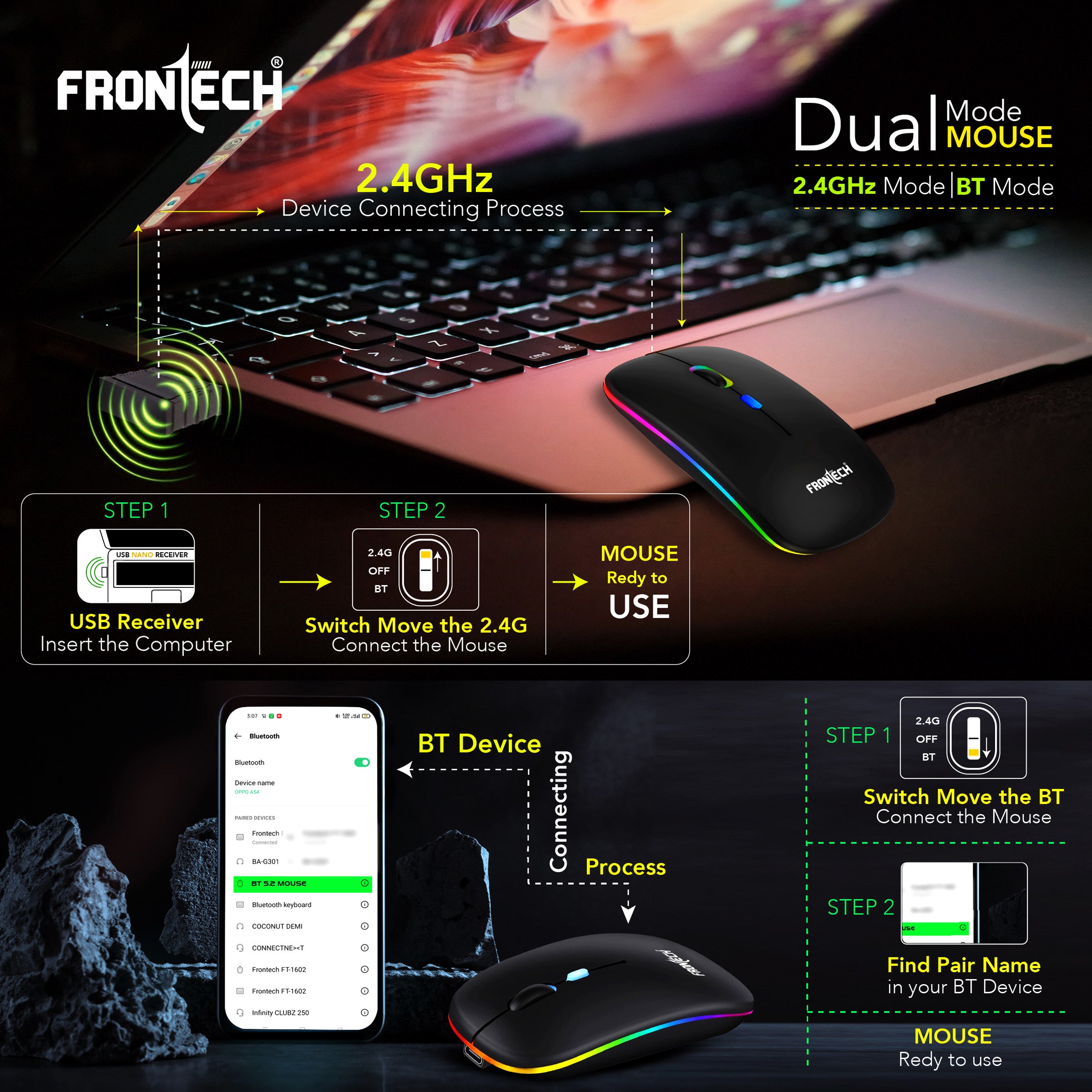 Frontech Wireless Mouse with Bluetooth 5.0 & 2.4 Ghz Dual Wireless Connectivity, Rechargeable Battery, Backlit Effect, Adjustable DPI up to 1600 Compatible with Laptop, MacBook, PC.(MS-0057)