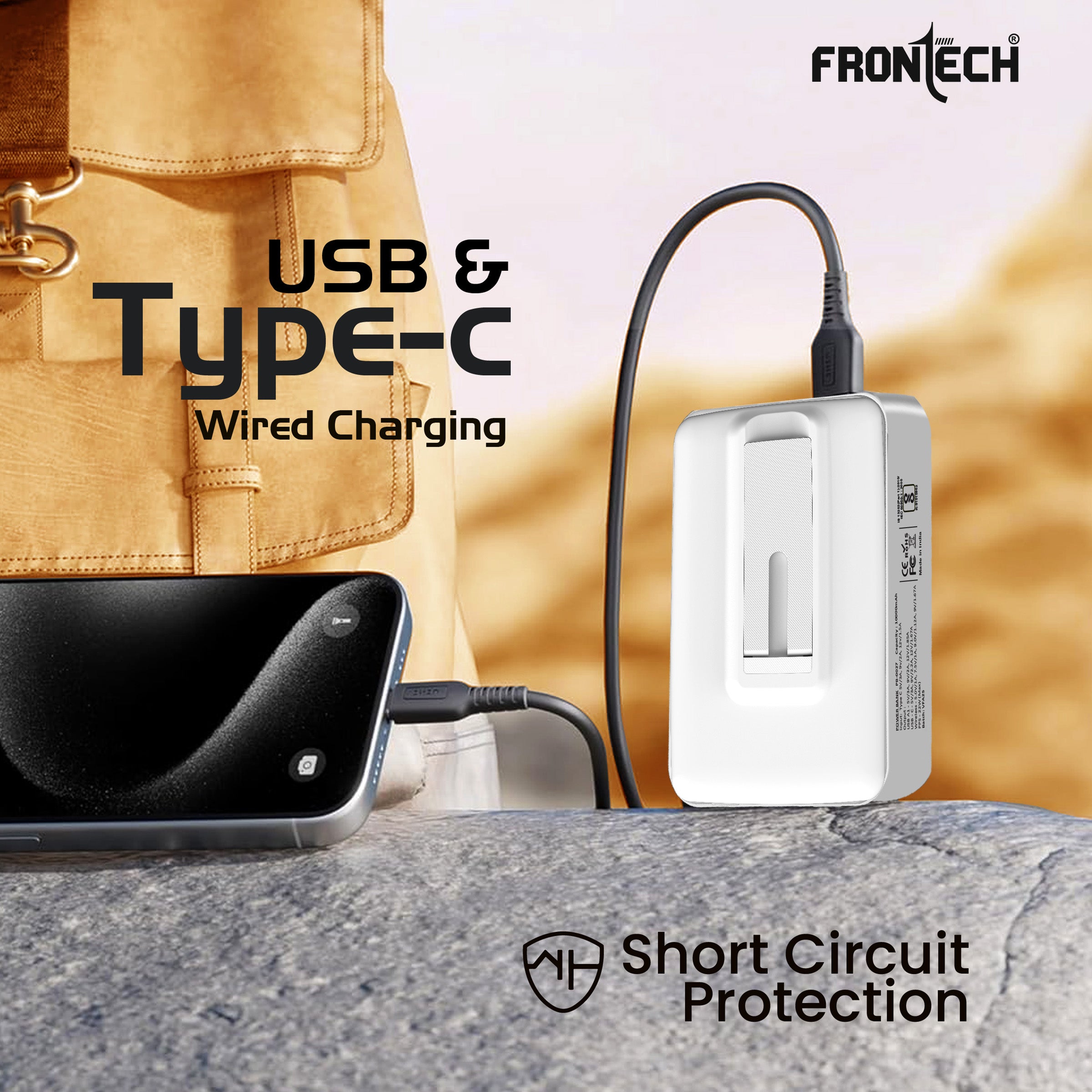Frontech 10000mAh Magnetic Wireless Power Bank | 22W Fast Charging | Type-C & USB Output | Foldable Stand | BIS Approved –( PB-0027 )