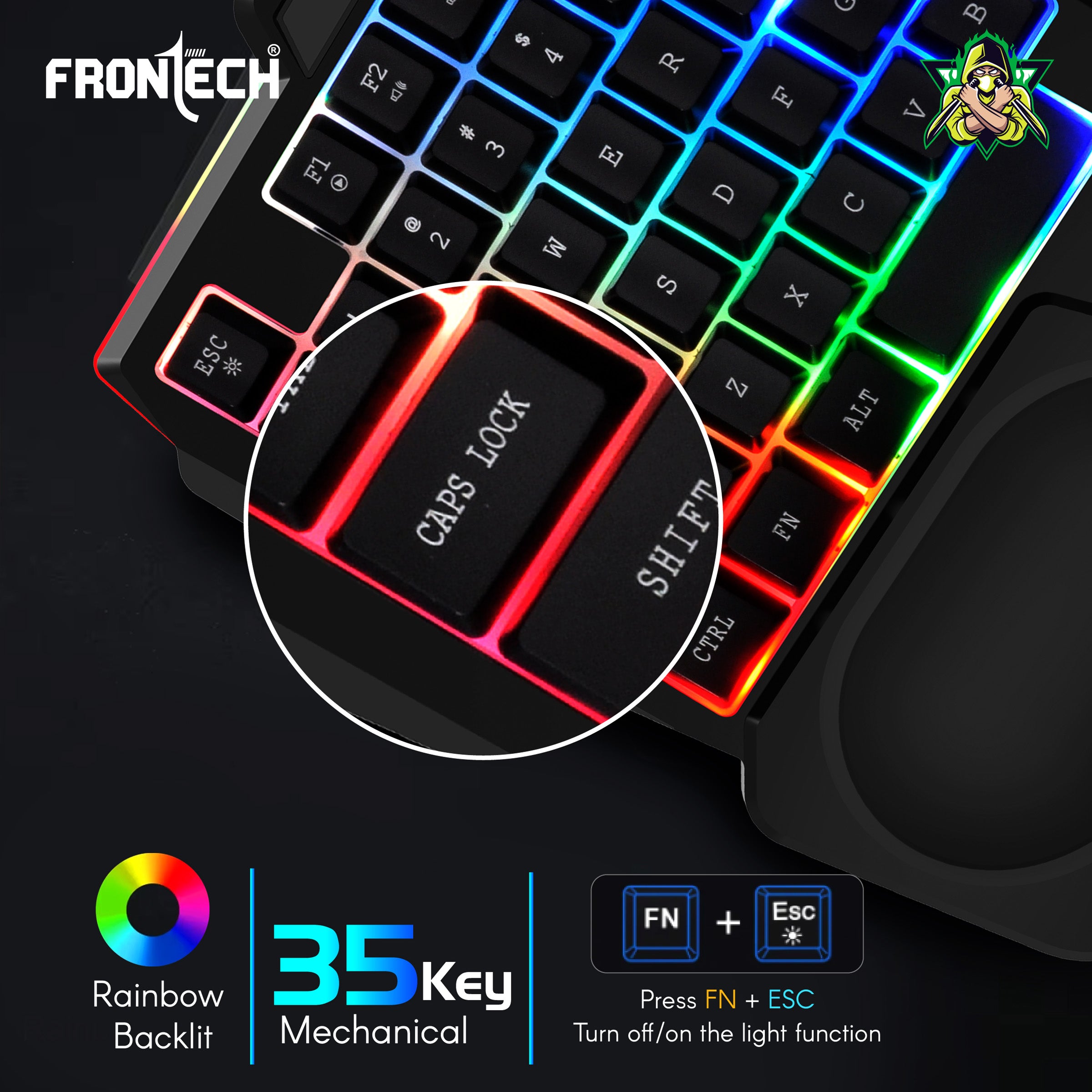 Frontech KB-0008P Dragon Fox Rainbow Backlit Gaming Keyboard | 35 Anti-Ghosting & Mechanical Keys | USB Wired Compact Keyboard for PC & Laptop | Windows Compatible | Plug & Play