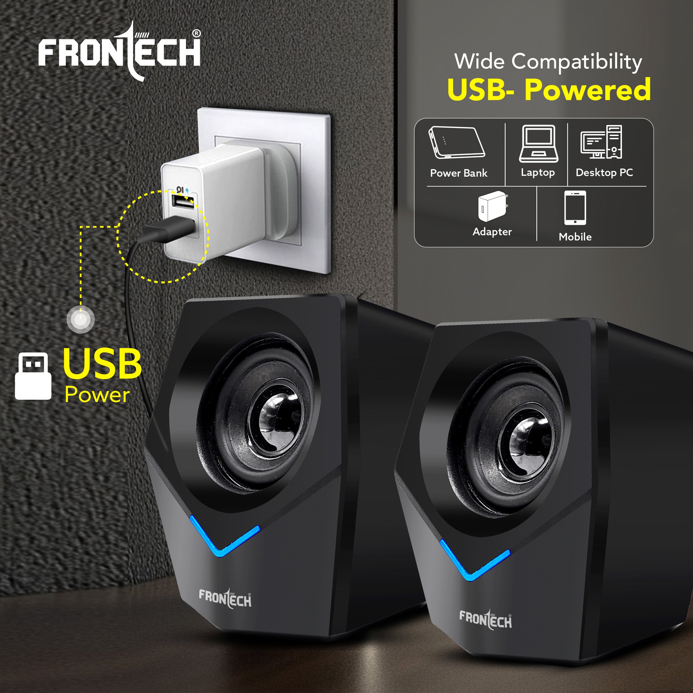 FRONTECH 2.0 Multimedia Speakers: 10W USB-Powered PC/Laptop/Mobile Speakers with 3.5mm AUX & Blue LED Lighting. (SPK-0011)