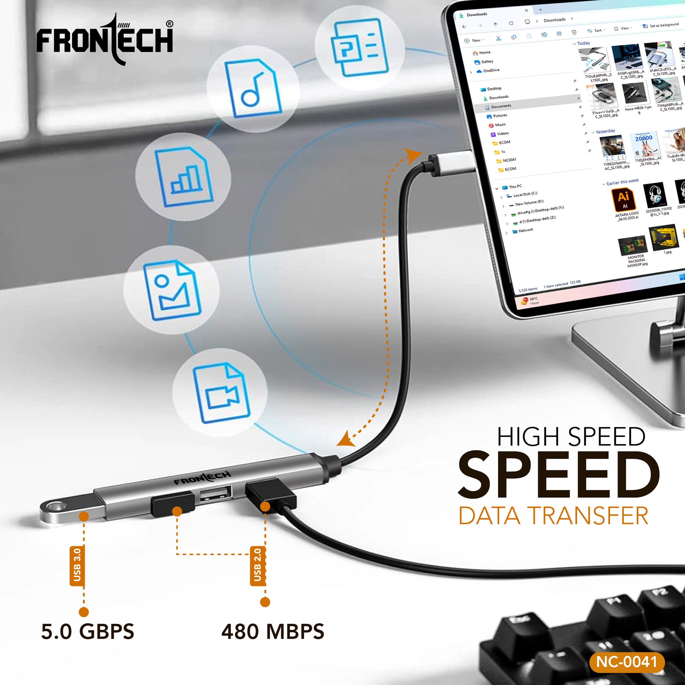 Frontech 4 in 1 Multiport HUB,USB 3.0, 3X USB 2.0,Compact Metal Design, Multi OS Compatible. (NC-0041)