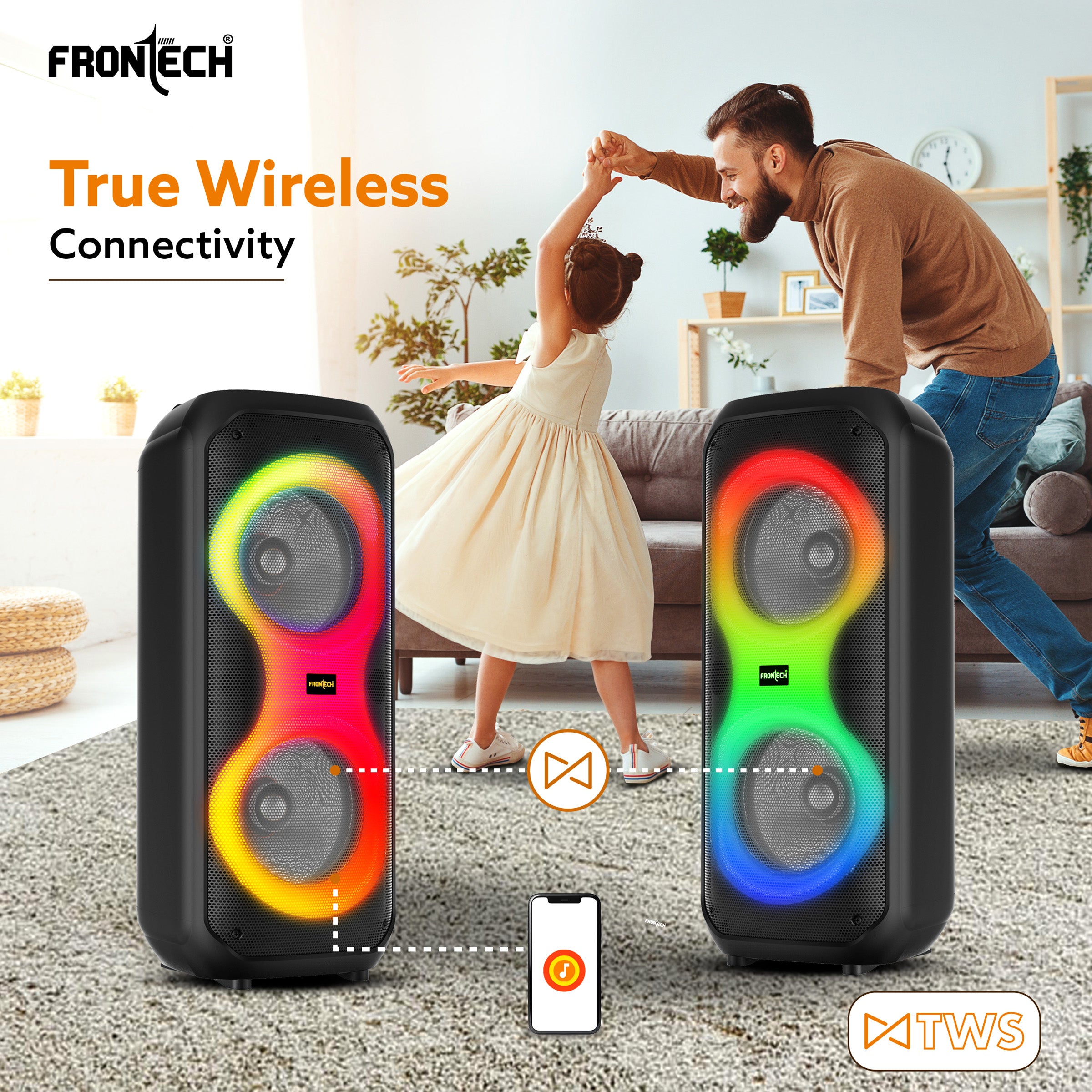Frontech Smash Pro-21P 45W Portable Party Speaker | True Wireless Stereo | Karaoke Function with Wireless Mic | RGB LED Disco Lighting | Bluetooth 5.0 | FM Radio | USB, TF, AUX | Type-C Charging Port (SW-0021P)