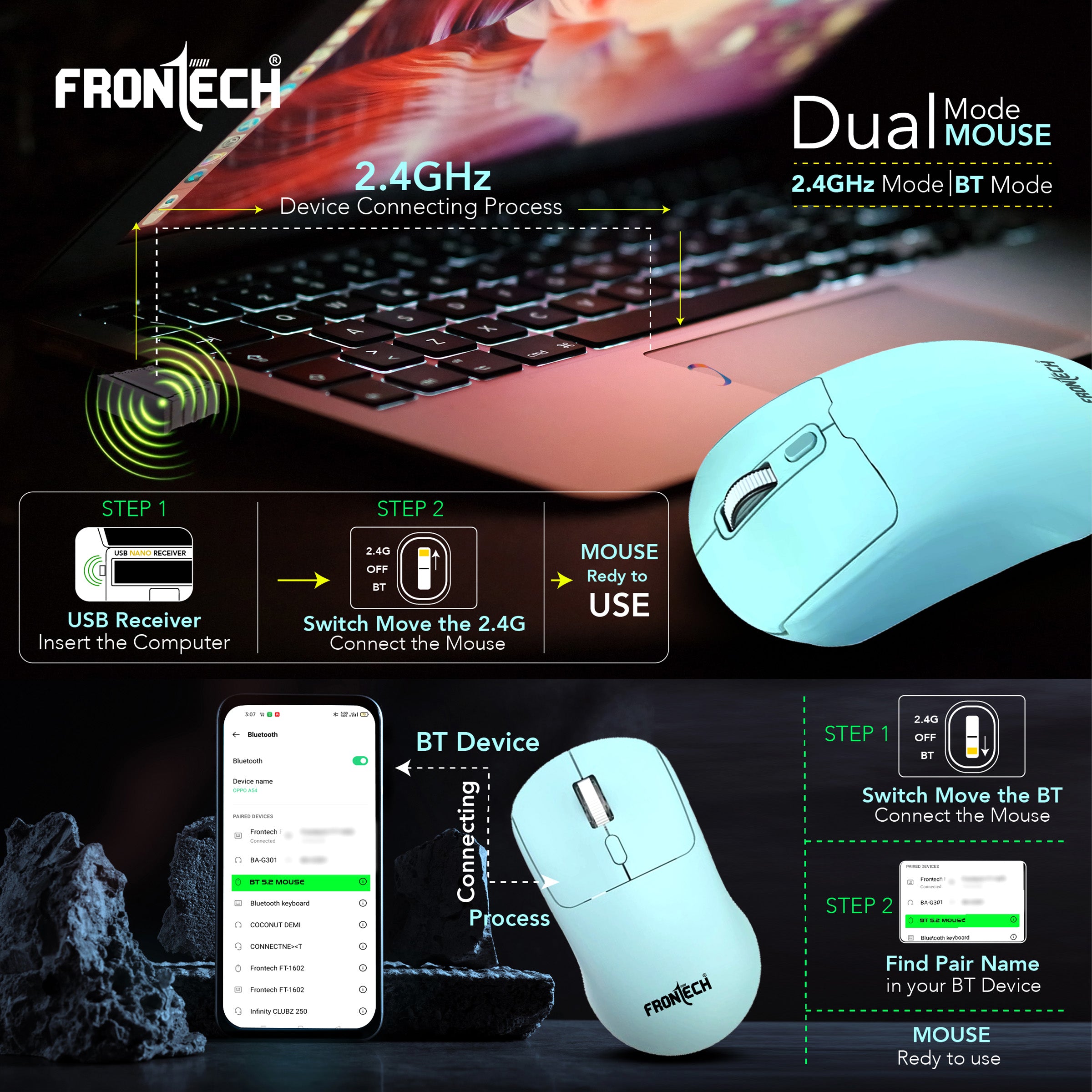 Frontech Dual Mode Wireless Optical Mouse | 2.4GHz + Bluetooth | Up to 1600 DPI | 4 Buttons | White | USB Nano Receiver | Ergonomic Grip | Multi-Device Compatibility (MS-0058G)