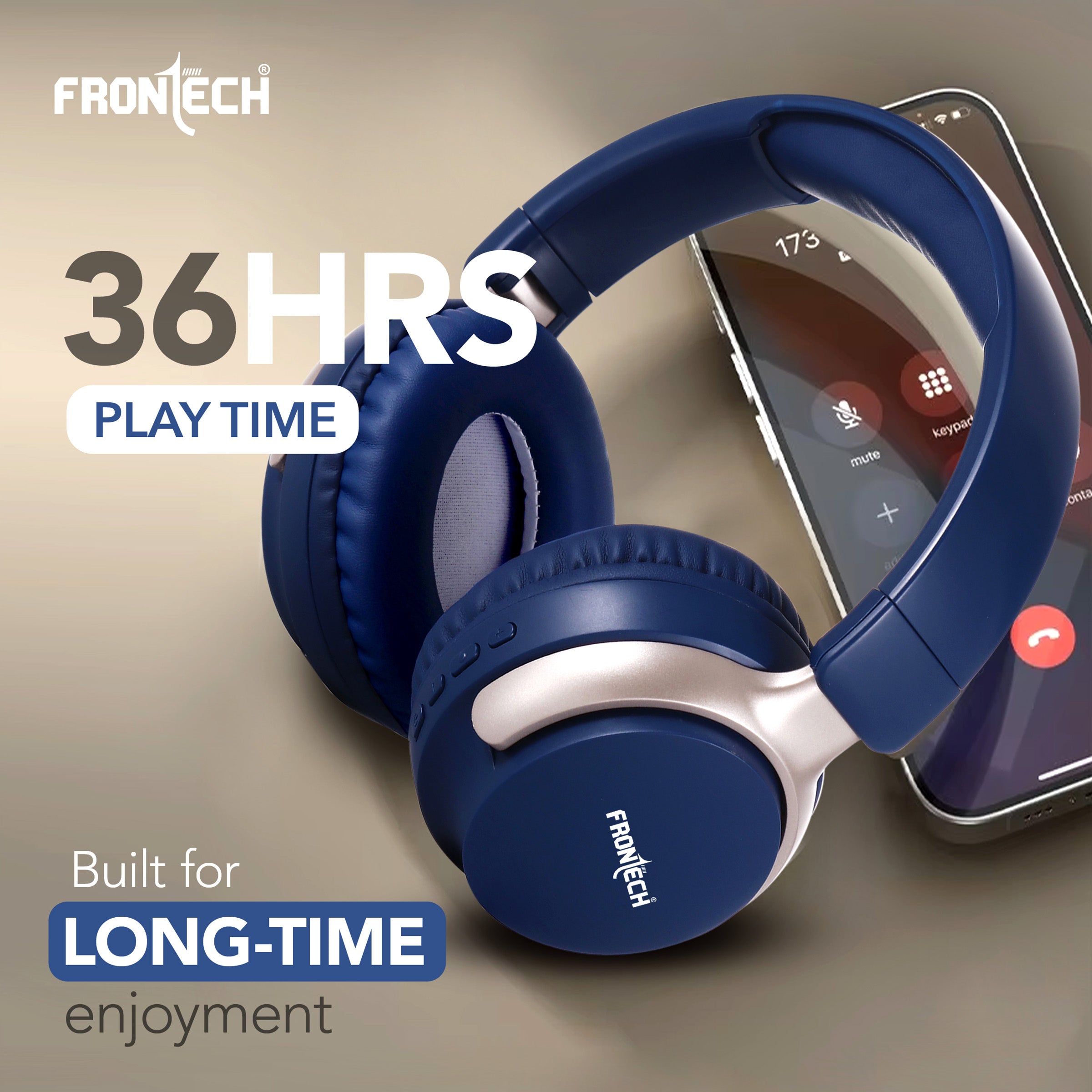 FRONTECH QHP-370 Wireless Headphones: 36HRS Playtime, 40mm Drivers, Dual Mode (BT 5.1 & AUX) - Deep Blue. (EF-0078)