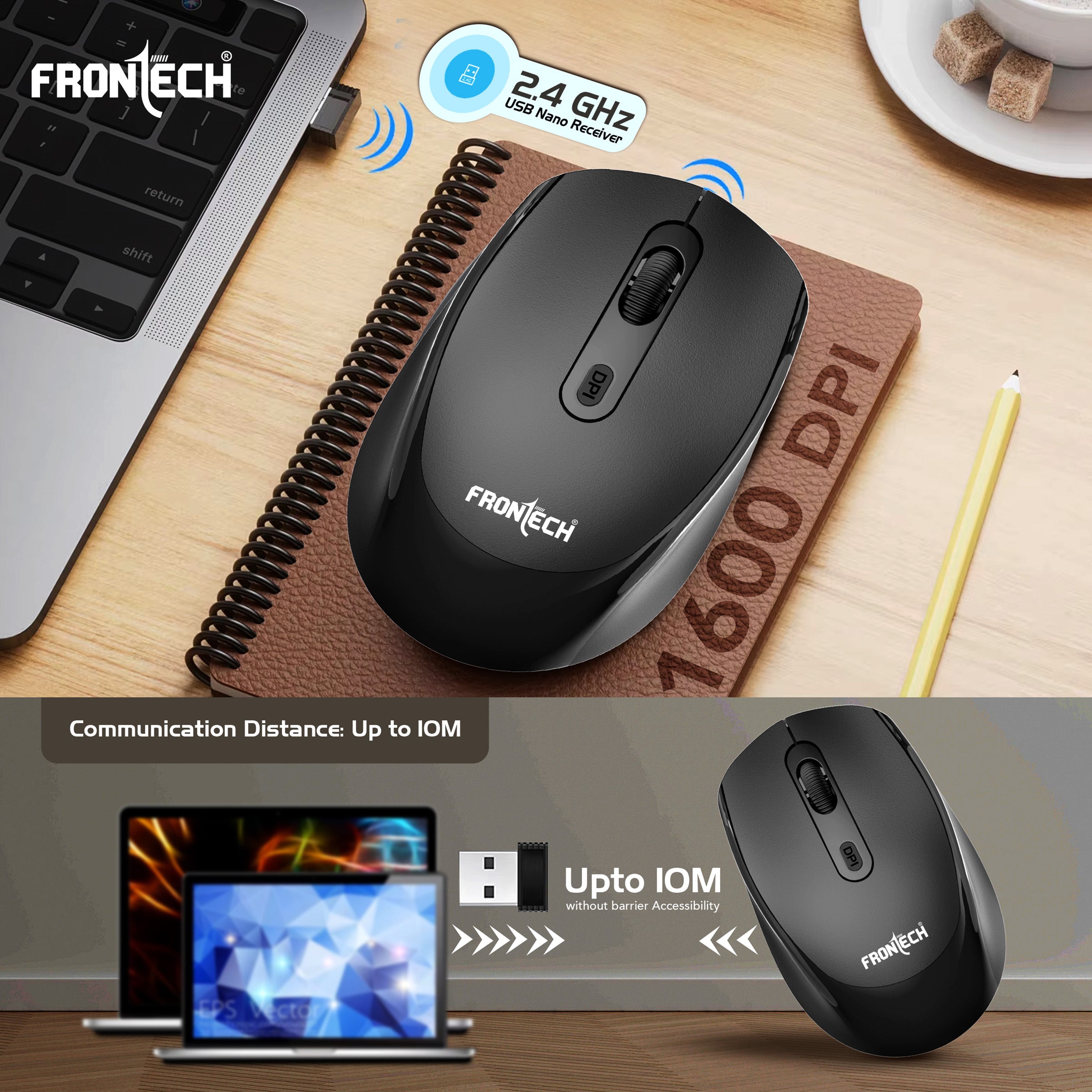 Frontech KB-0028P Wireless Keyboard and Mouse Combo | 2.4GHz Connectivity | 104 Keys | 1600 DPI Mouse | Ergonomic Design | USB Nano Receiver | Compatible with Laptop & PC | Black