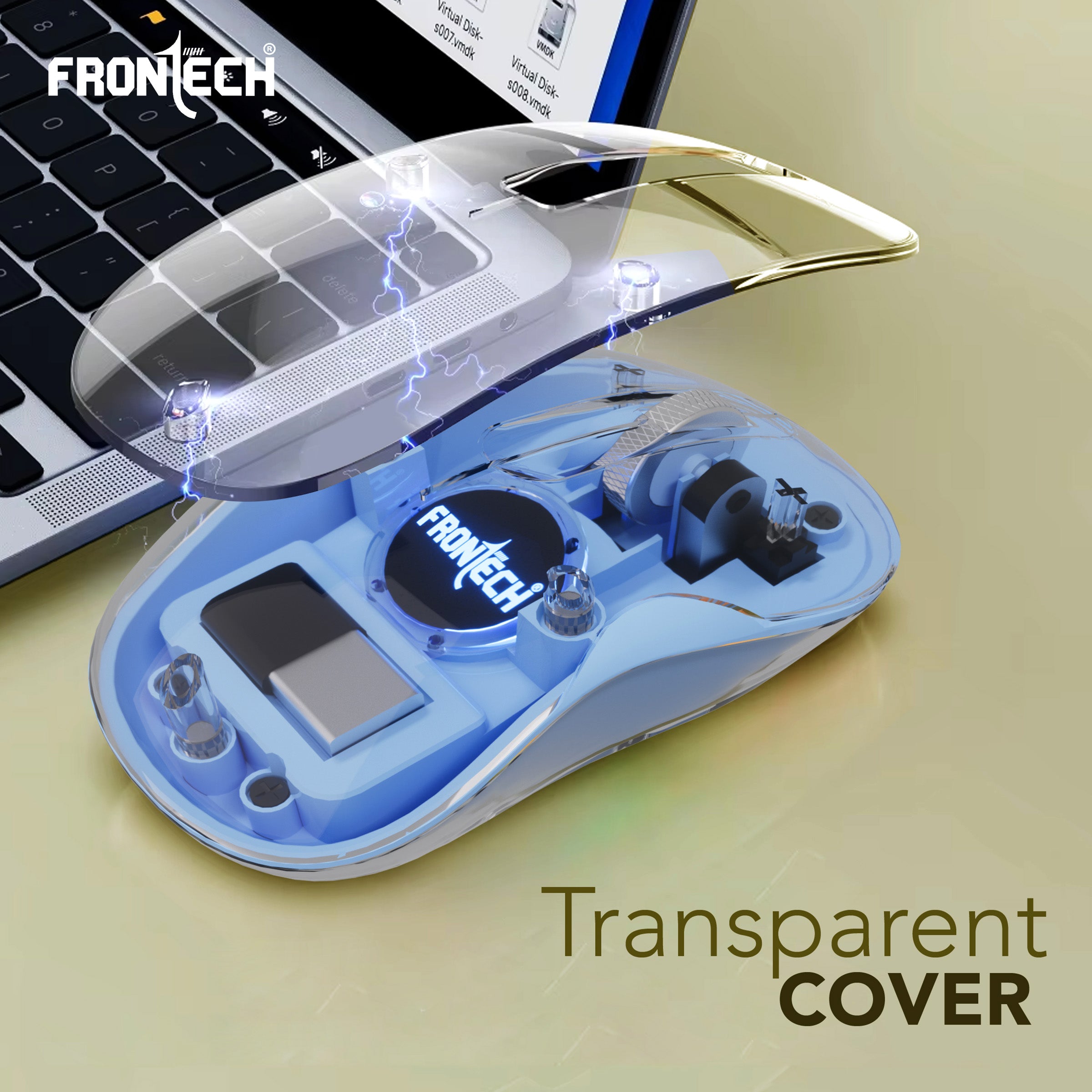 Frontech Transparent Mouse | 4800DPI | Dual Receivers |300mAh Rechargeable Battery| Wireless Ergonomic Optical Mouse with Bluetooth  (USB 2.0, Type C, Blue)