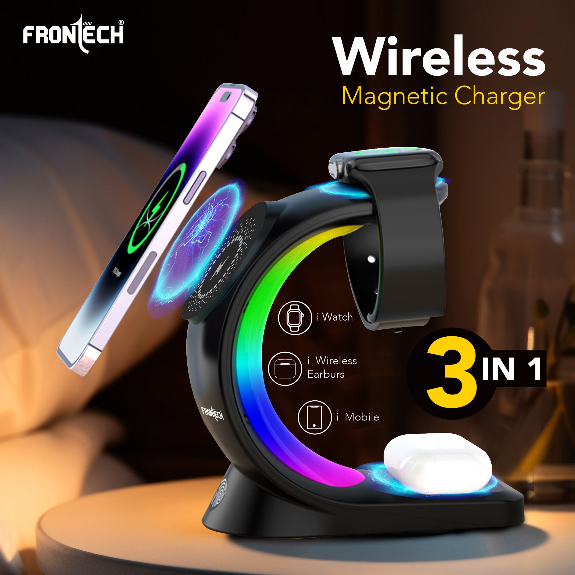 Frontech Magnetic 3-in-1 Wireless Charging Stand - Fast Charging | MagSafe Alignment | RGB Light | 360° Rotation (CCH-0016)