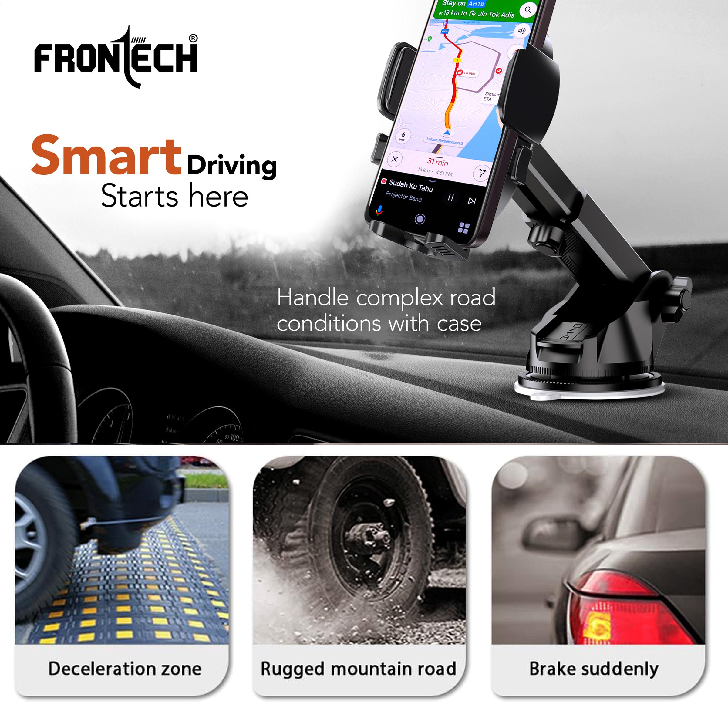FRONTECH 360° Rotating Car Phone Holder–One-Hand Operation, Anti-Slip Silicone Pad, Adjustable Angle & Height, Strong Sticky Gel Pad– Universal Compatibility for All Phones (CCH-0011)