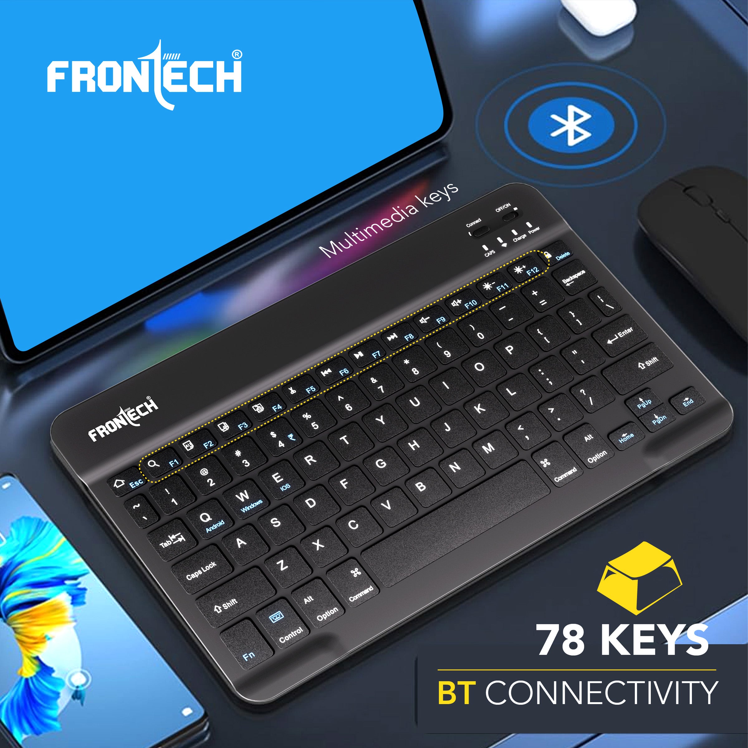 Frontech Ultra-Slim Wireless Mini Bluetooth Keyboard with 78 Keys, Rechargeable Battery, Compact Design for Windows/Mac/Android/iOS – Black (FT-1603A)