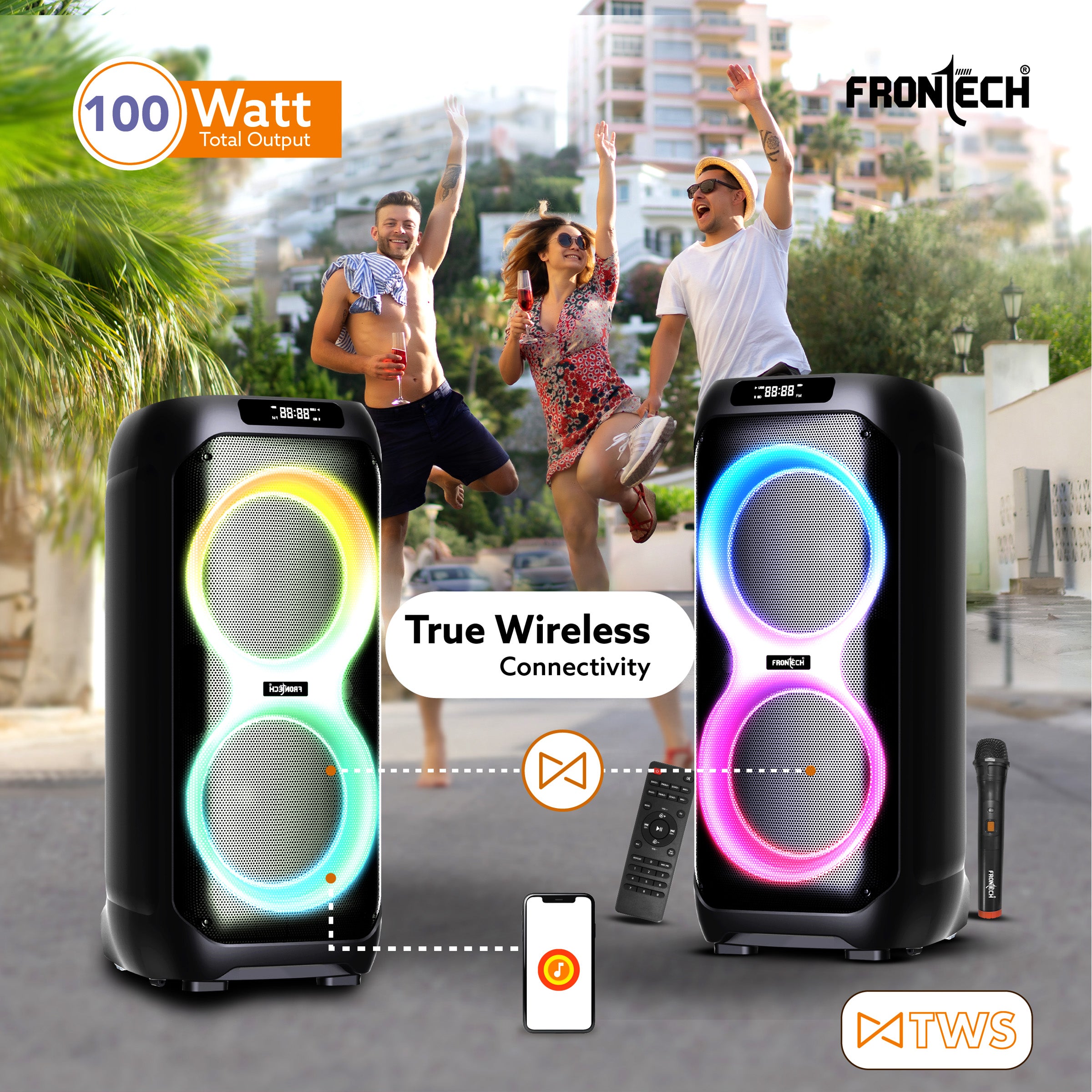 Frontech SMASH PRO-22P 100W Portable Party Speaker | True Wireless| Karaoke Function with Wireless Mic | RGB LED Disco Lighting | Bluetooth 5.0 | FM Radio| USB, TF, AUX| Type-C Charging Port | 1 Year Limited Warranty (SW-0022P)