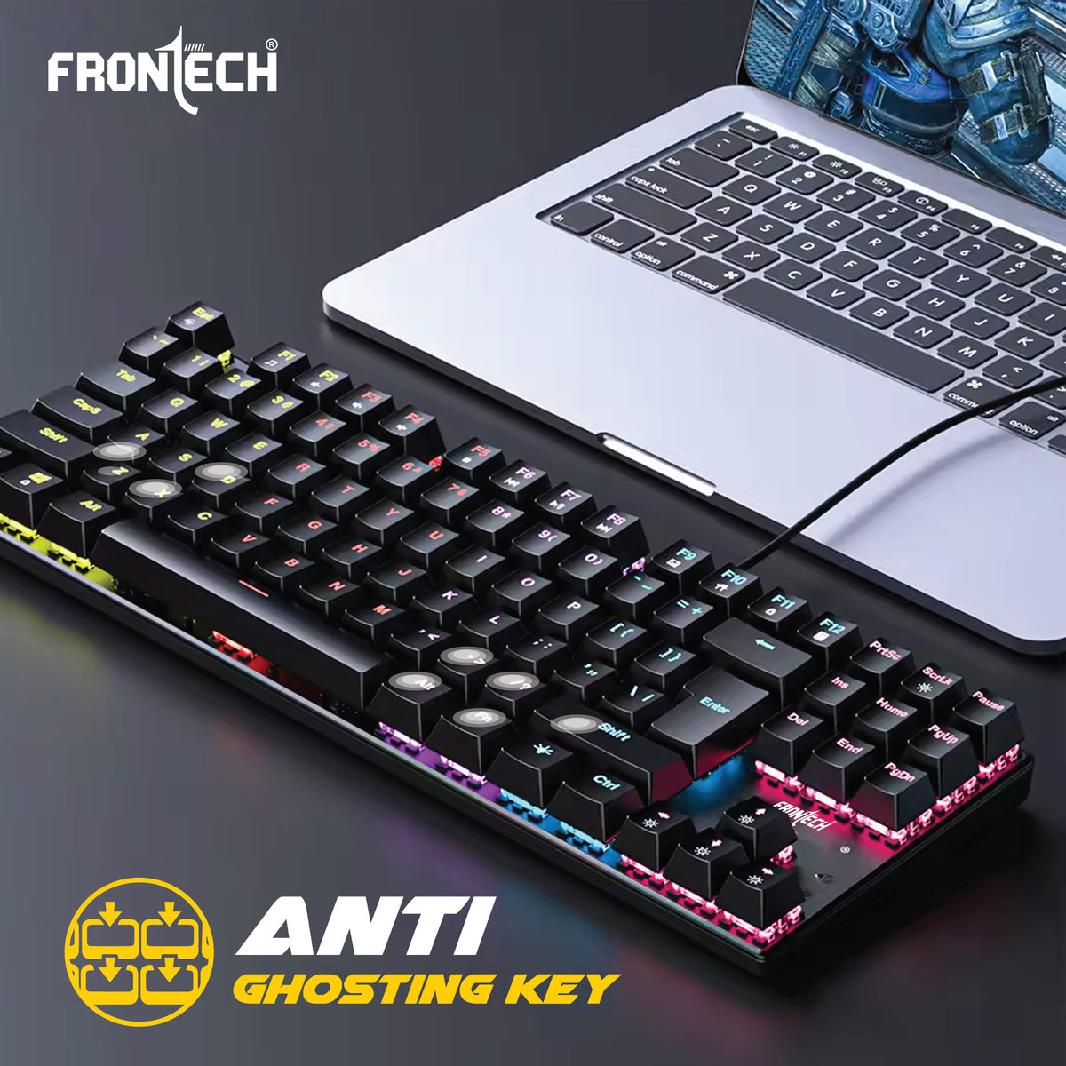Frontech Wired Gaming RGB Backlight Keyboard|87 Key Layout|USB Plug & Play|1.6m cable| Ergonomic Keyboard|1 year warranty