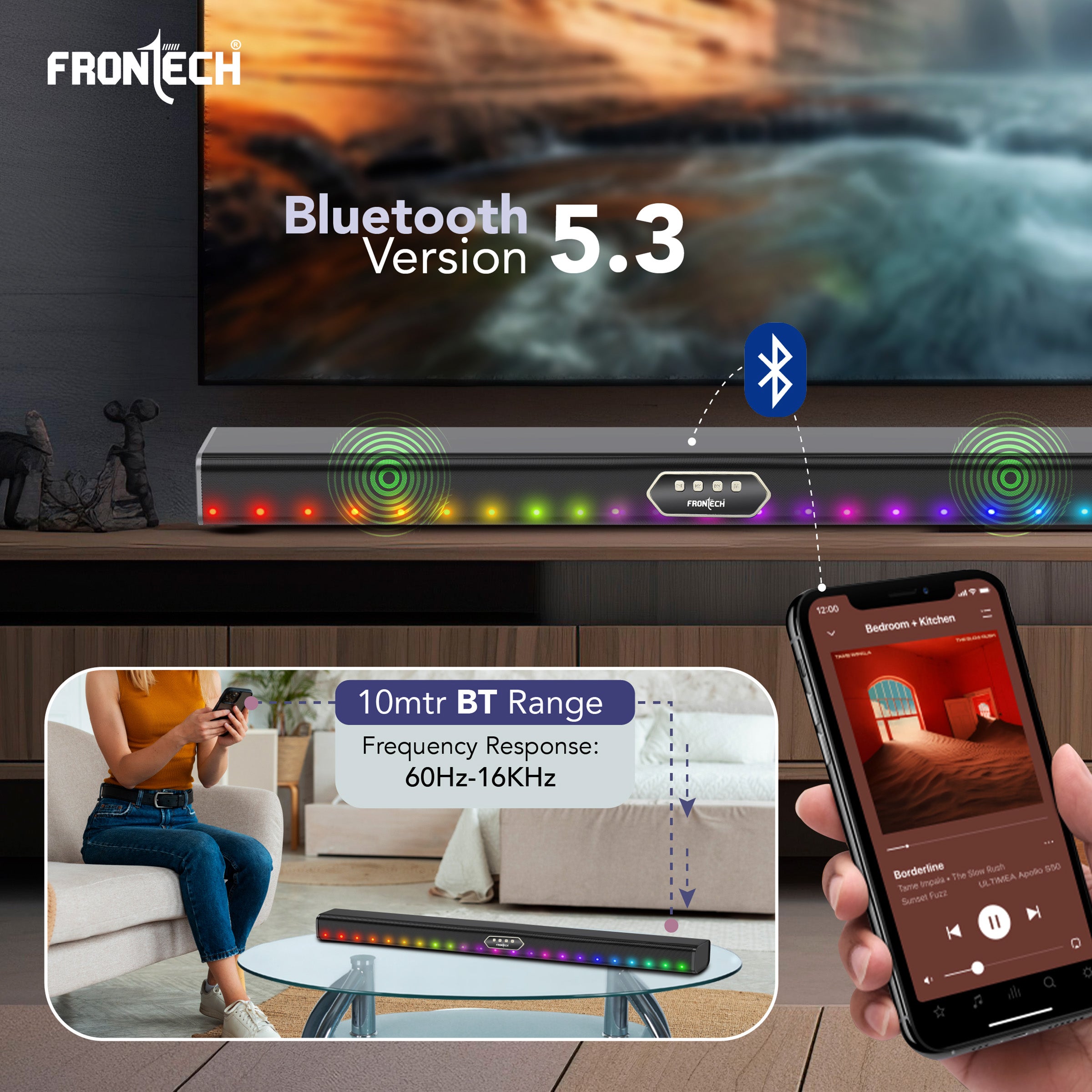Frontech ECHOBAR | 50W | Bluetooth 5.3 Soundbar with RGB LED Lights | 2400 mAh Battery | AUX/USB/TF/Coax Inputs | Wall Mountable | Portable Speaker for TV, PC & Gaming (SW 0194 )