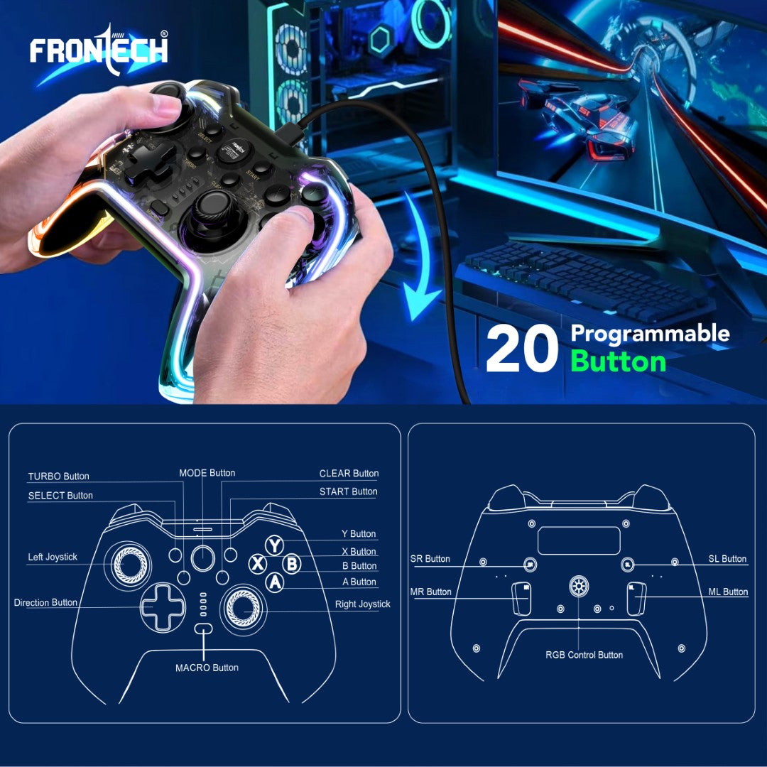 Fire Wired Gaming Pad | USB-C, Dual Vibration, RGB | PS3/PC/Android TV (GP-0001)