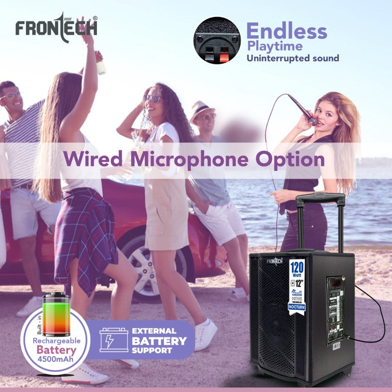 Frontech Nocturn Trolley Speaker | 120W Power | Dual Wireless Mics | Multi-Input (SW-0210)