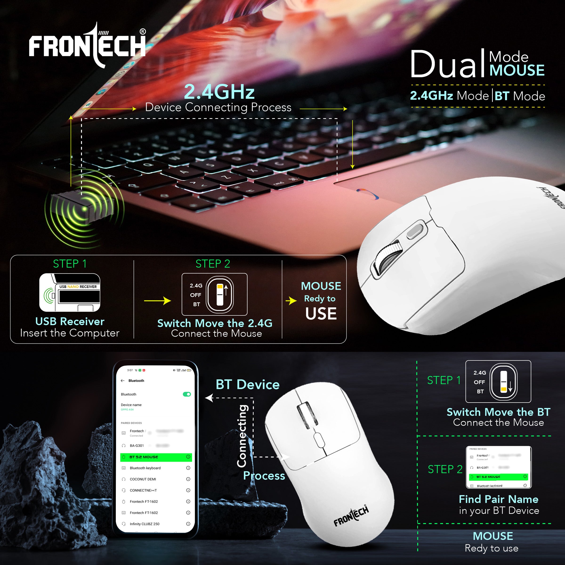 Frontech Dual Mode Wireless Optical Mouse | 2.4GHz + Bluetooth | Up to 1600 DPI | 4 Buttons | White | USB Nano Receiver | Ergonomic Grip | Multi-Device Compatibility (MS-0058W)