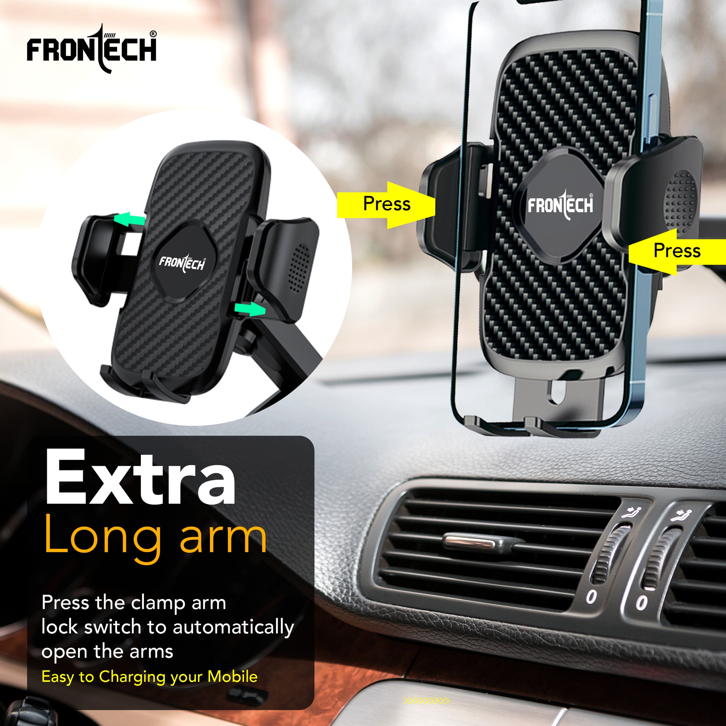 FRONTECH 360° Rotating Car Phone Holder – One-Hand Operation, Adjustable Angle & Height, Anti-Slip Silicone Pad, Strong Sticky Gel Base – Universal Phone Mount for Smart Driving (CCH-0012)