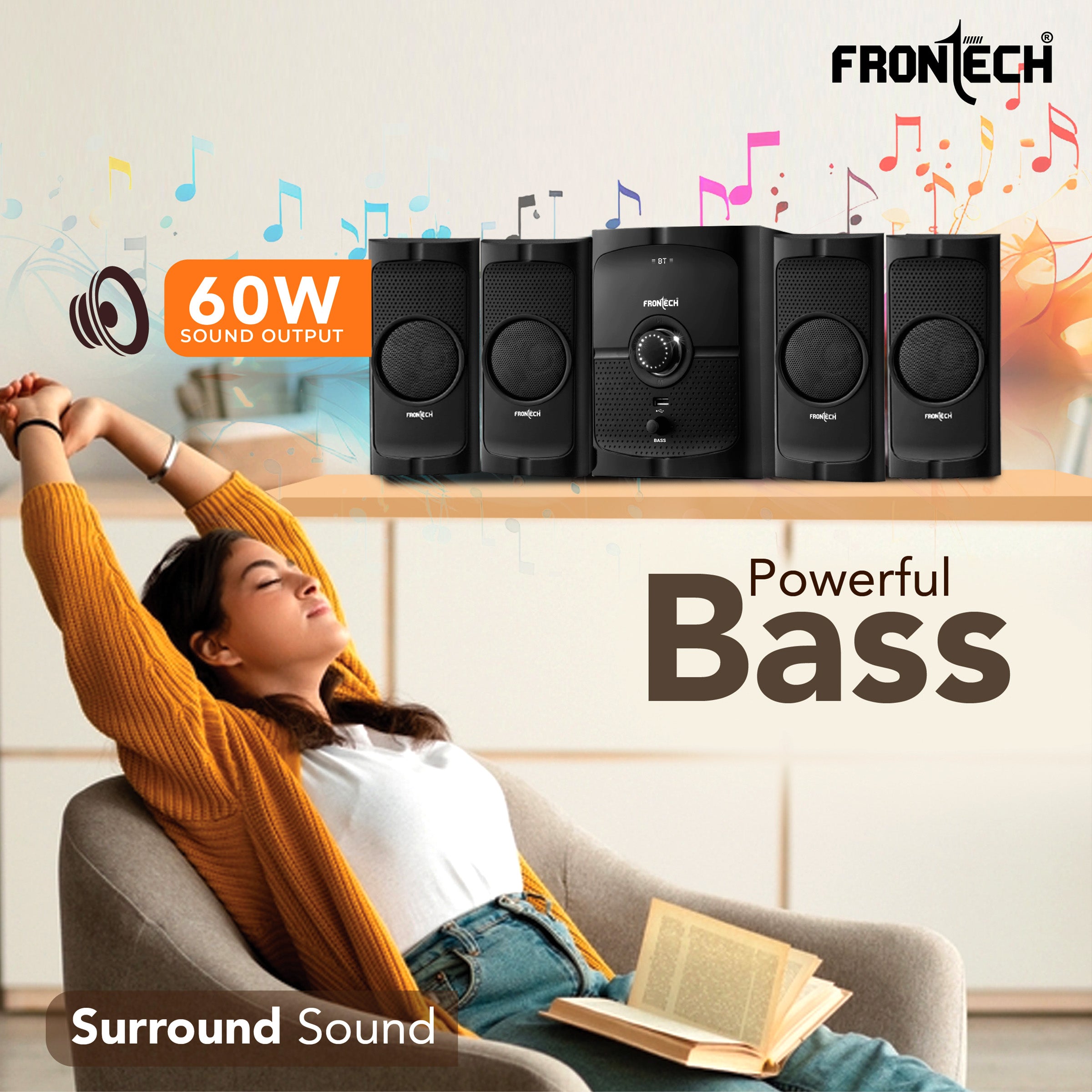 Frontech 4.1 Channel Multimedia Bluetooth Speaker System 60W, Bluetooth Connectivity, Wired Multimedia Computer Speaker, FM, Audio in Speakers, 20mm Subwoofer, Wide Compatibility (SW-0127)