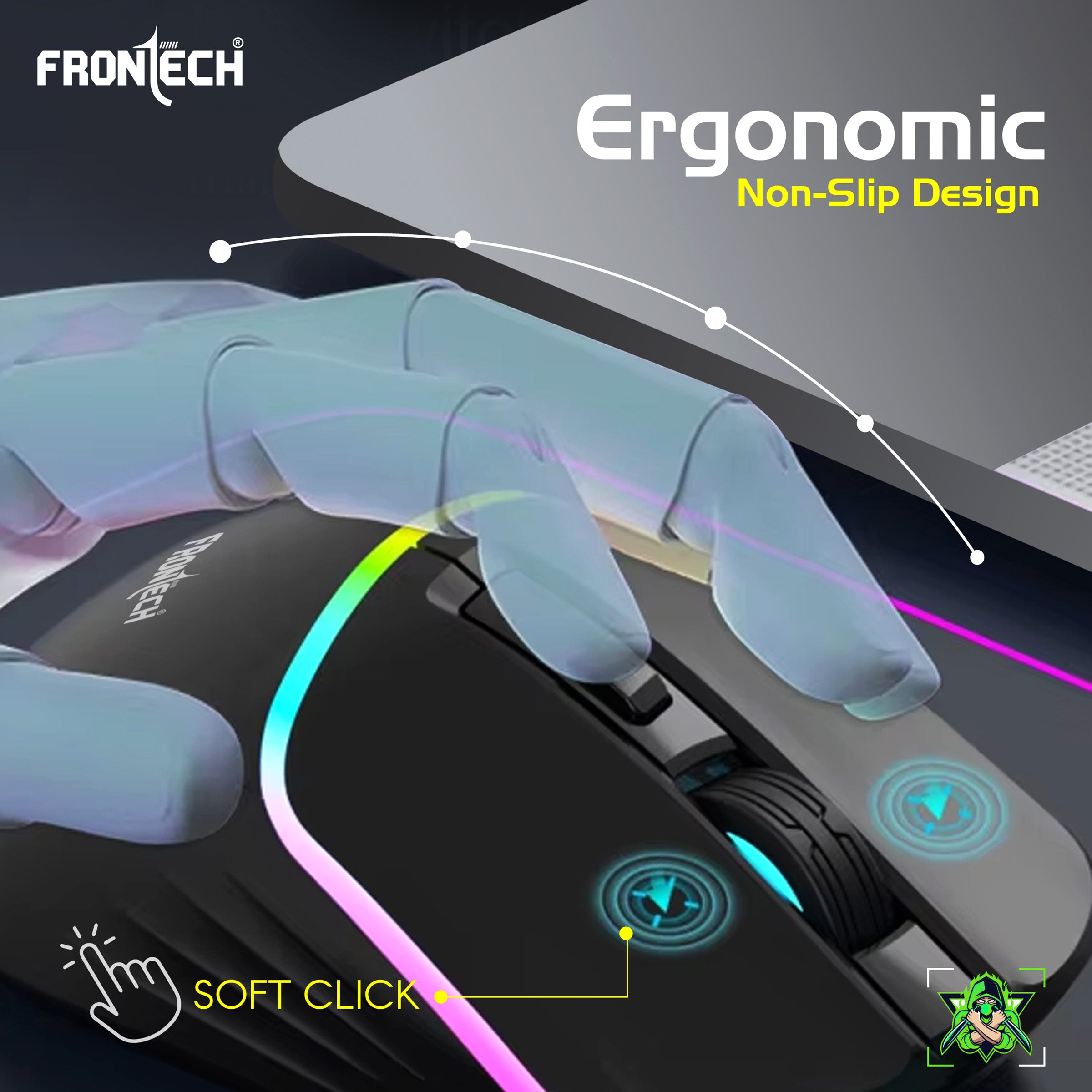 Frontech G902 - AuraGlow Ergonomic Gaming Mouse | 7200 DPI | 6-Button Control | Silent Click | 1.5M Braided Cable. (MS-0104)