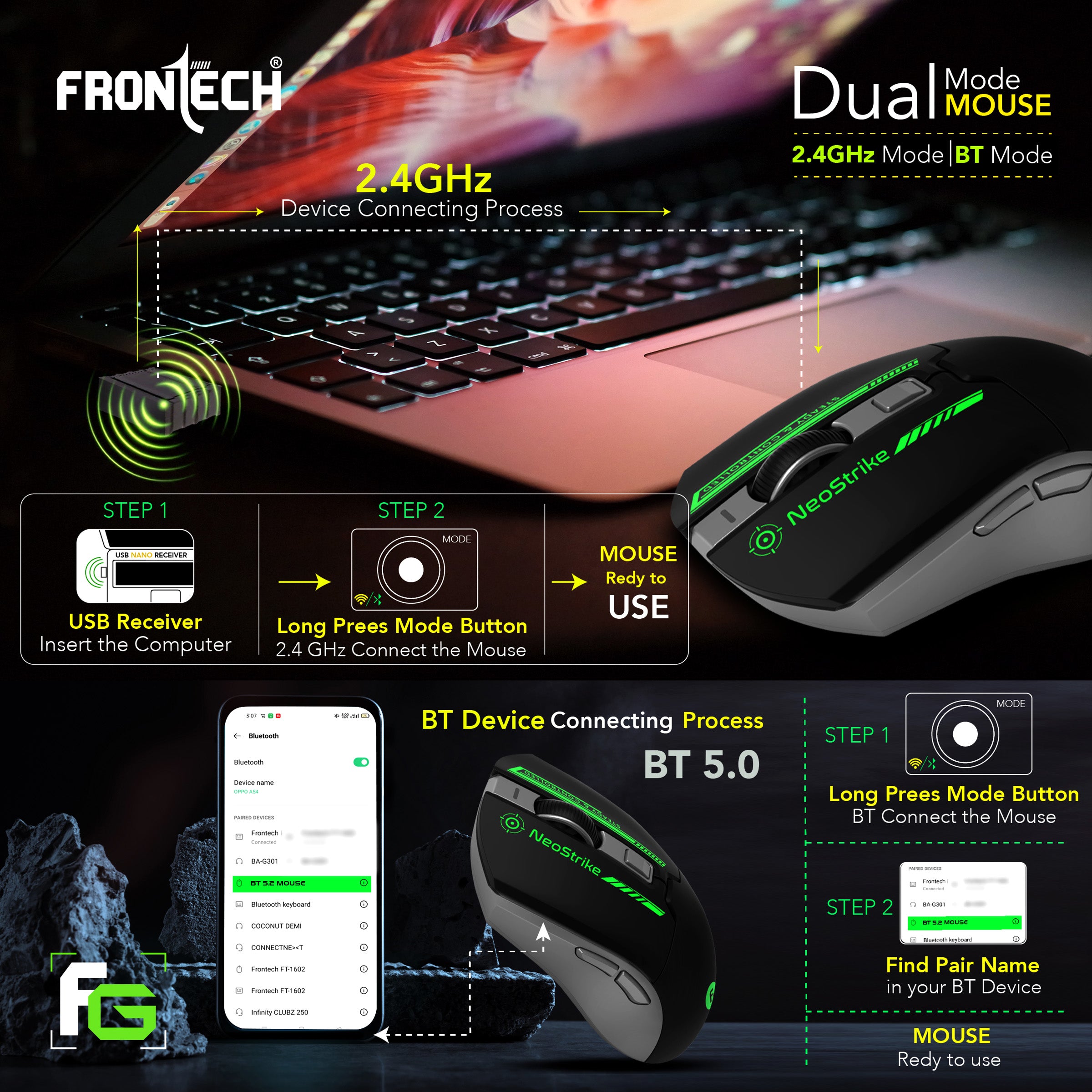 Frontech Neo Strike Wireless Gaming Mouse with 3200DPI, Comfortable & Ergonomic Design, RGB LED Lights, 6 Buttons, in-Built Rechargeable Battery, Power & LED ON/Off Switch.(MS-0059)