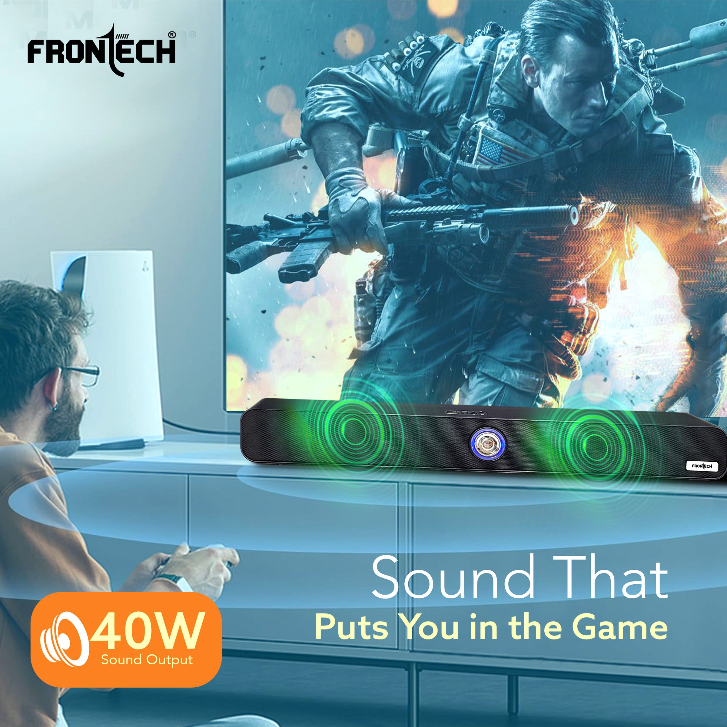 FRONTECH ECHOLITE-71 Mini Soundbar: 40W Bluetooth 5.0 Portable Home Theater Speaker with AUX/USB/TF Card & 2400mAh Battery. (SW-0071)