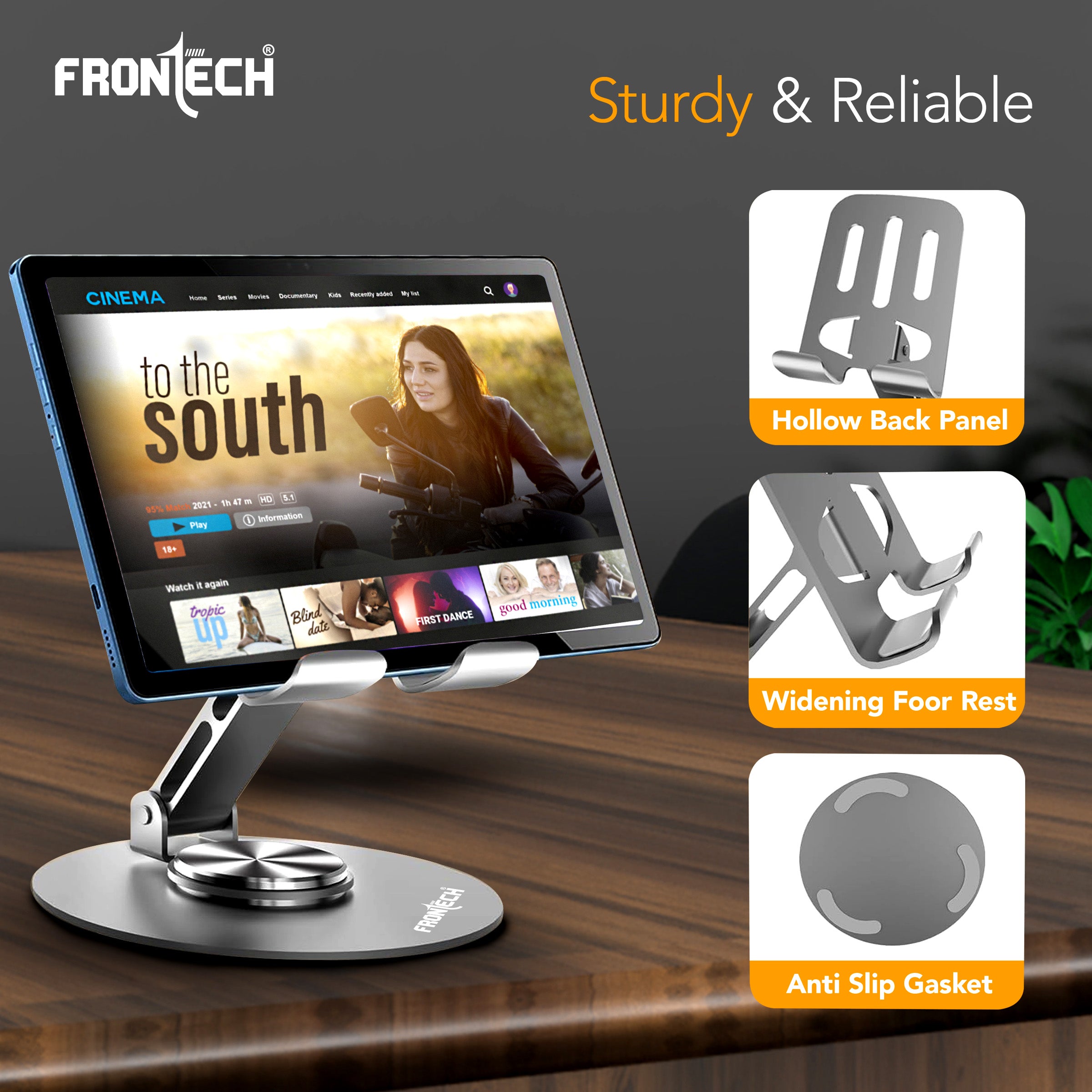 Frontech Mobile Holder, 360° Rotatable & Foldable Mobile Phone Holder With Stable Metallic base,Adjustable Height, Anti Skid Pad,Tabletop Mobile Phone Stand for all Smartphones. (CCH-0014GRY)