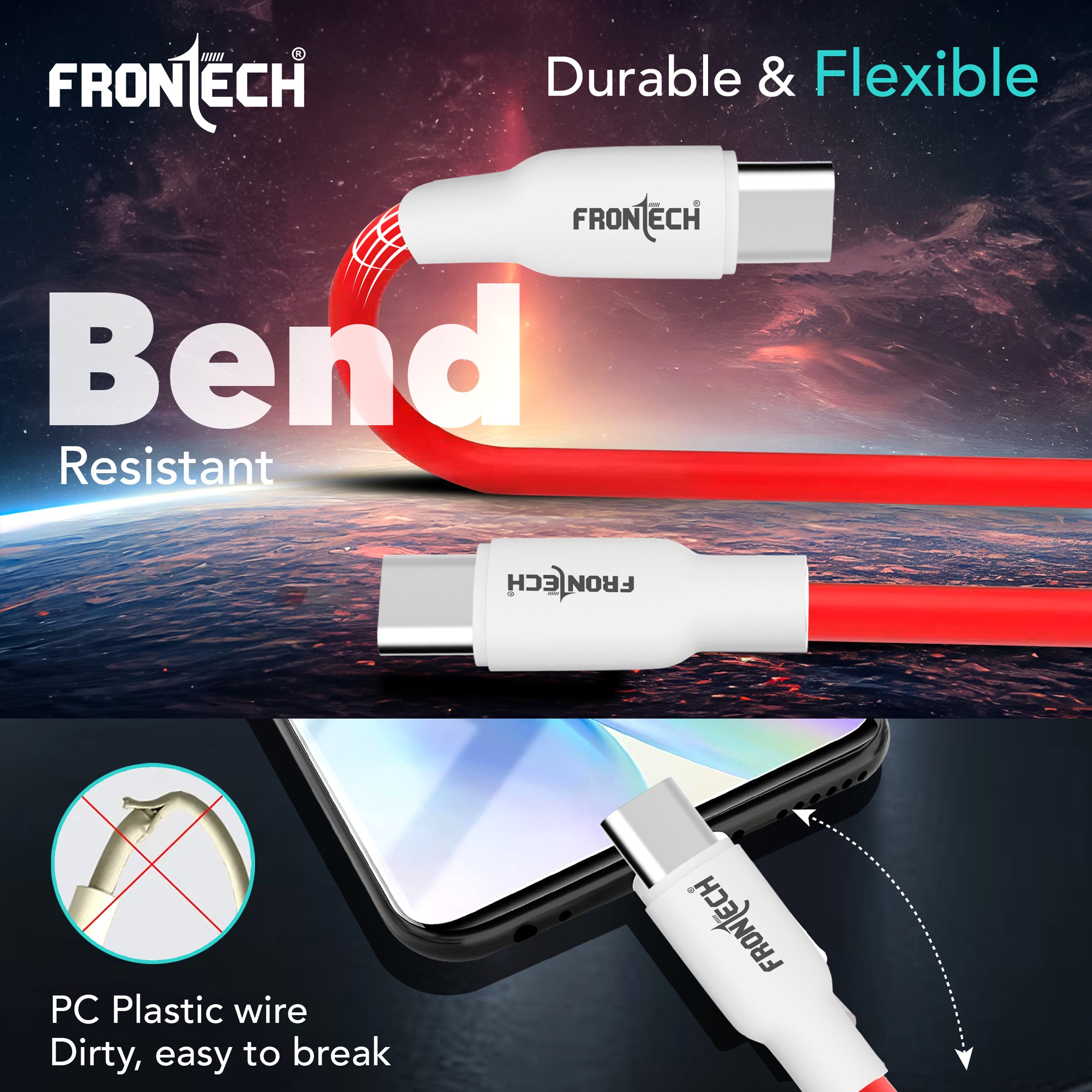 FRONTECH 65W Type-C to Type-C Super-Fast Charging | USB Data Cable 1.0M | Durable & Bend Resistant | 480Mbps | High-Speed Data Sync, Compatible with All Type-C Devices (FT-1045)