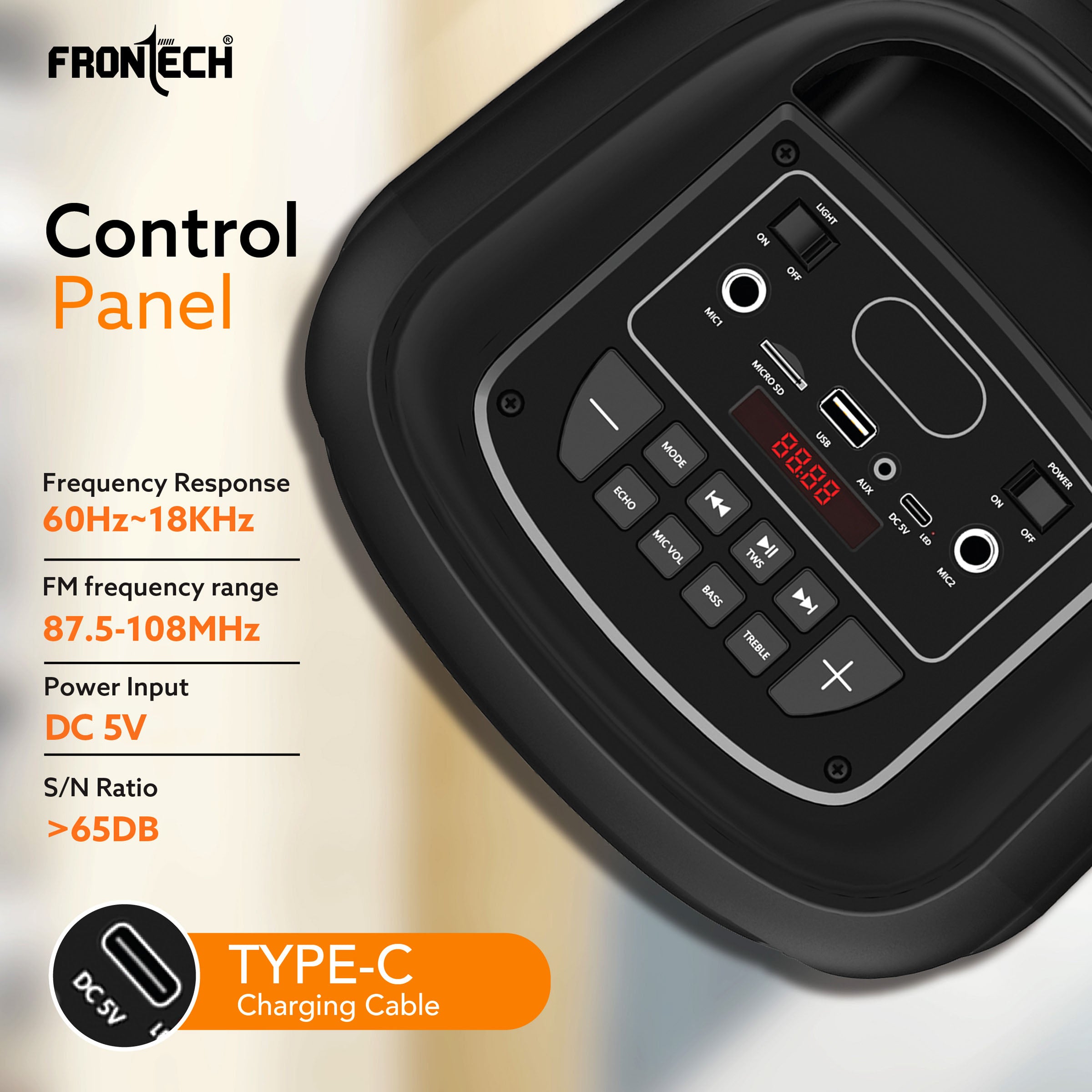 Frontech Smash Pro-21P 45W Portable Party Speaker | True Wireless Stereo | Karaoke Function with Wireless Mic | RGB LED Disco Lighting | Bluetooth 5.0 | FM Radio | USB, TF, AUX | Type-C Charging Port (SW-0021P)