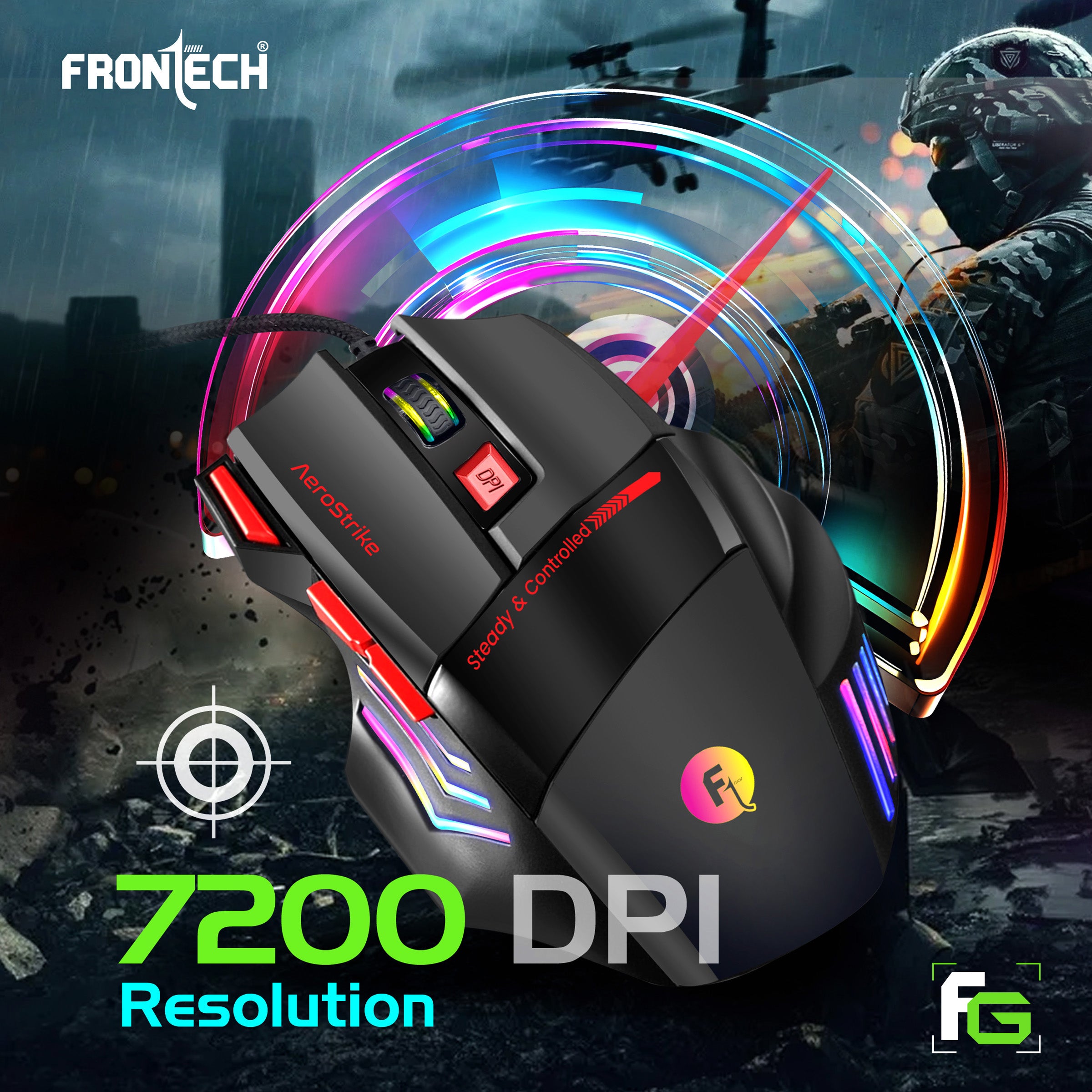 Frontech AeroStrike USB Wired Gaming Mouse with Upto 7200 DPI Gaming Sensor | 7 Buttons Design | Rainbow Lighting with Breathing Effect | 1.5m Braided Cable (MS-0083)