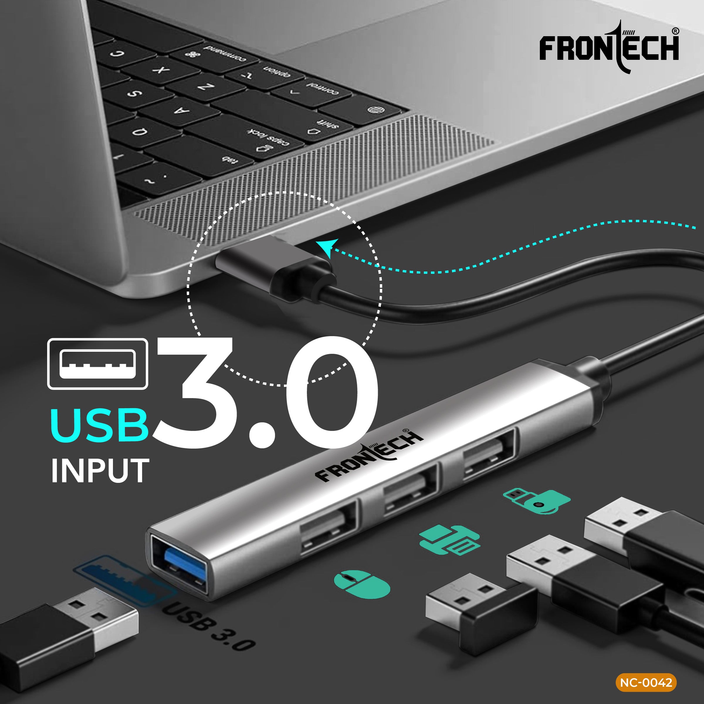 Frontech 4 in 1 Multiport HUB,USB 3.0, 3X USB 2.0,Compact Metal Design, Multi OS Compatible. (NC-0042)