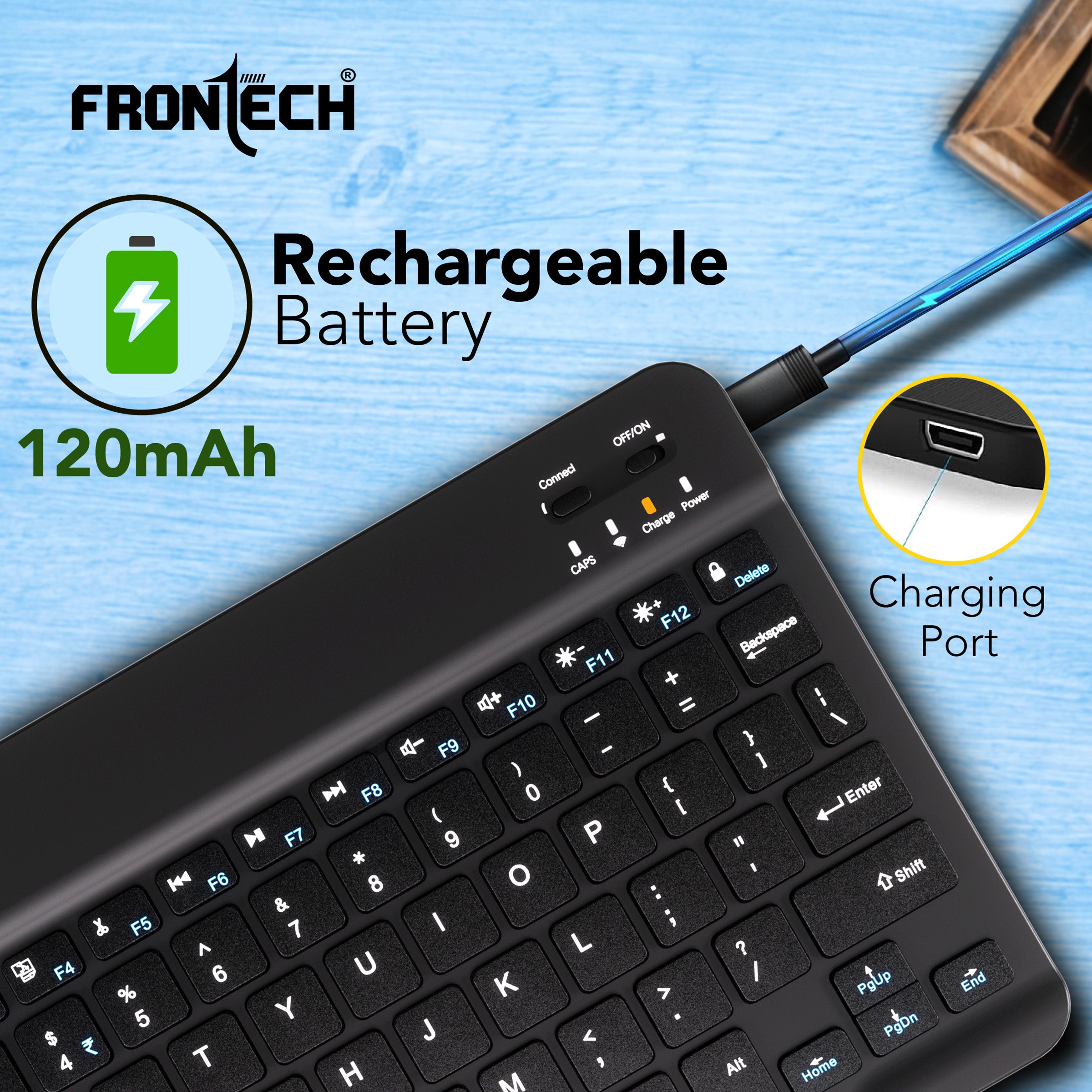 Frontech Ultra-Slim Wireless Mini Bluetooth Keyboard with 78 Keys, Rechargeable Battery, Compact Design for Windows/Mac/Android/iOS – Black (FT-1603A)