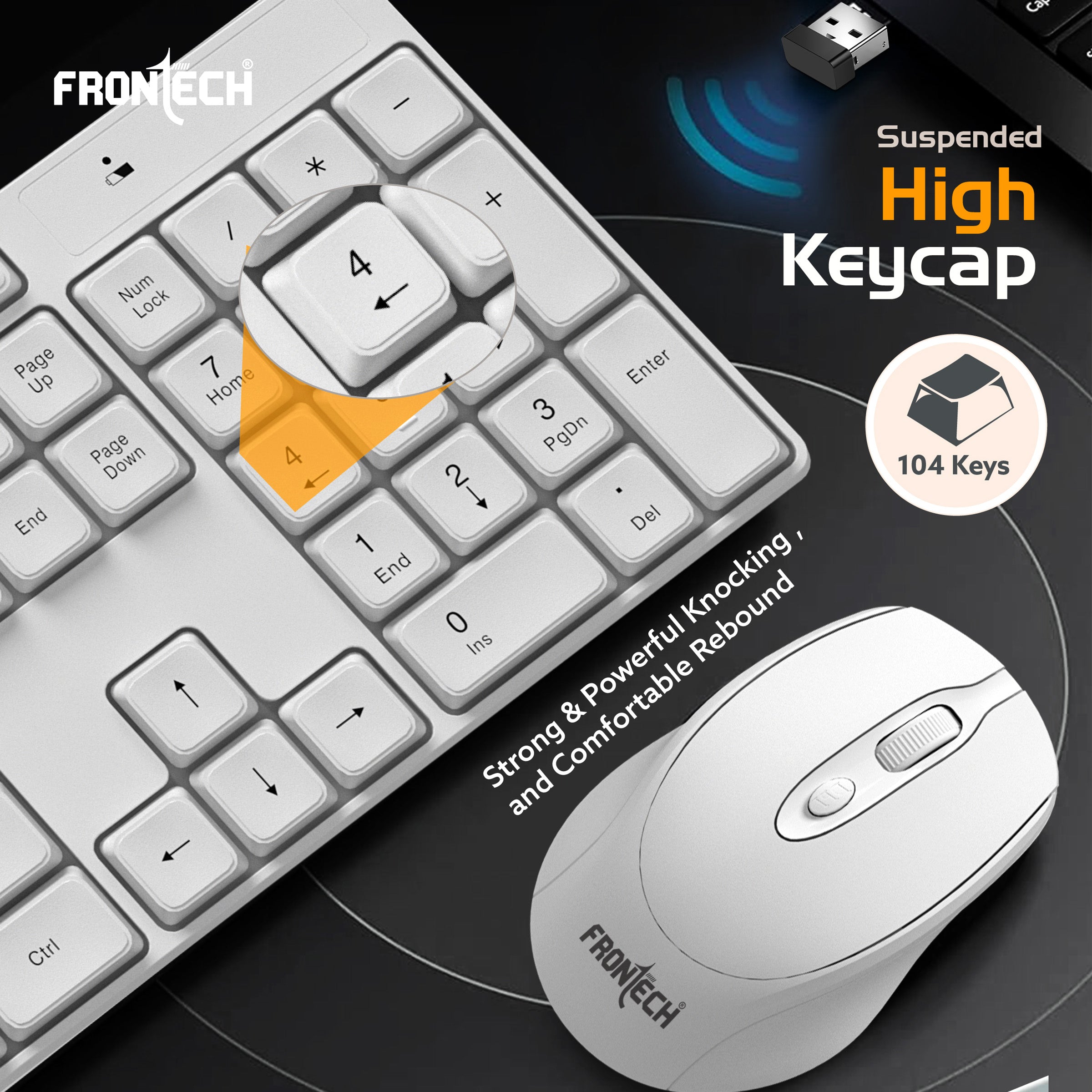 Frontech 2.4Ghz Rechargeable Wireless Keyboard and Mouse|104 Keys|1600 DPI|KB-0031| Combo Set (White)