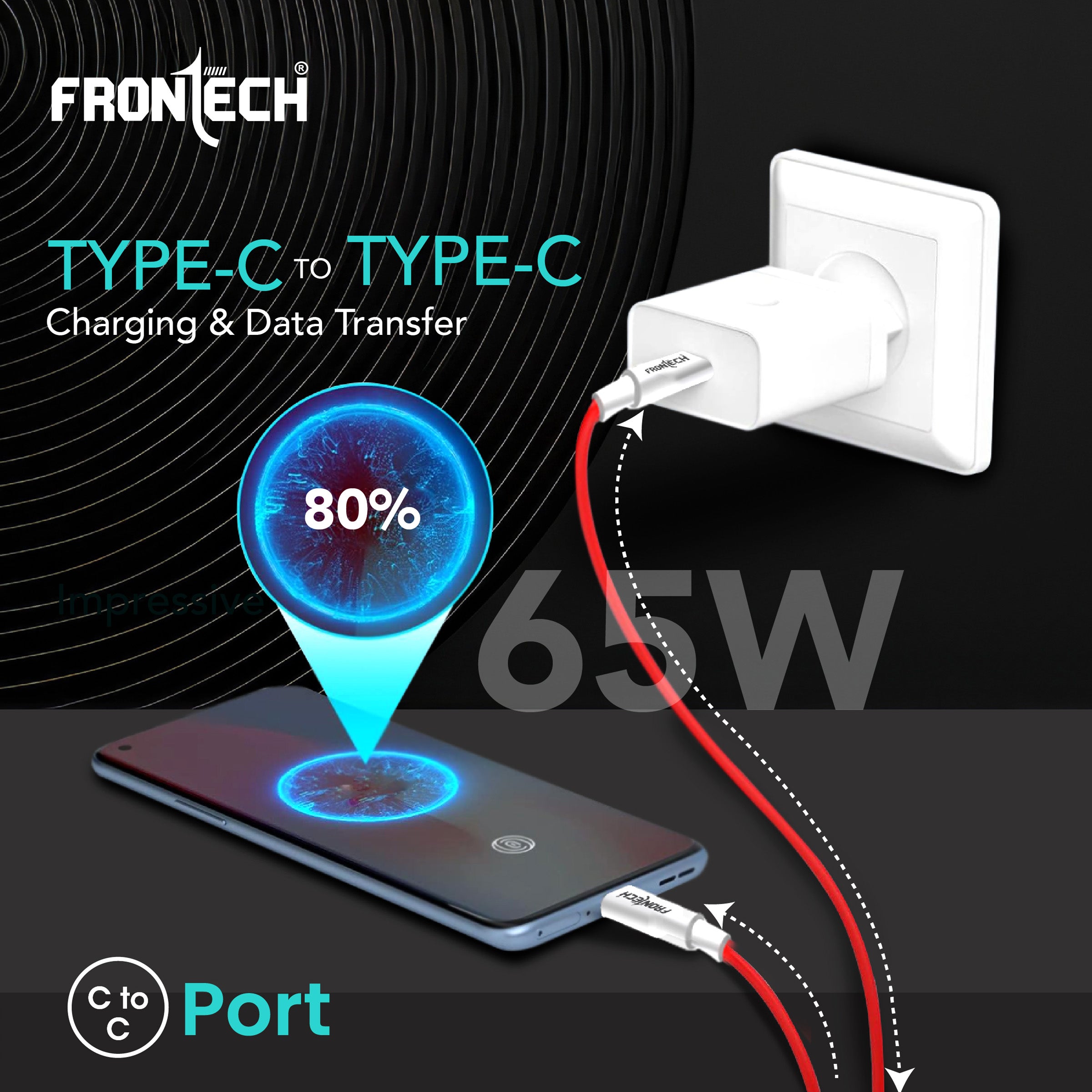 FRONTECH 65W Type-C to Type-C Super-Fast Charging | USB Data Cable 1.0M | Durable & Bend Resistant | 480Mbps | High-Speed Data Sync, Compatible with All Type-C Devices (FT-1045)