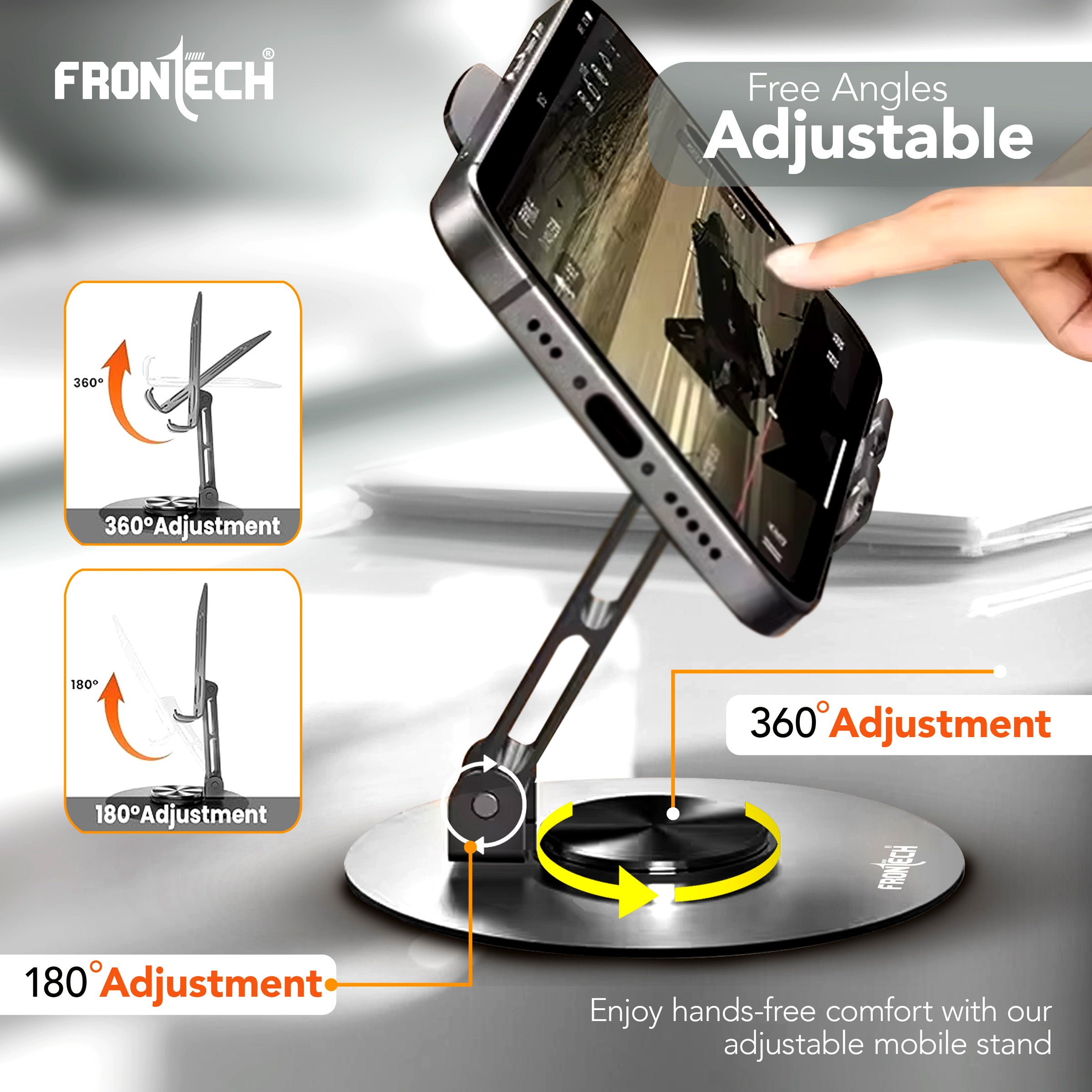 Frontech Mobile Holder, 360° Rotatable & Foldable Mobile Phone Holder With Stable Metallic base,Adjustable Height, Anti Skid Pad,Tabletop Mobile Phone Stand for all Smartphones. (CCH-0014GRY)