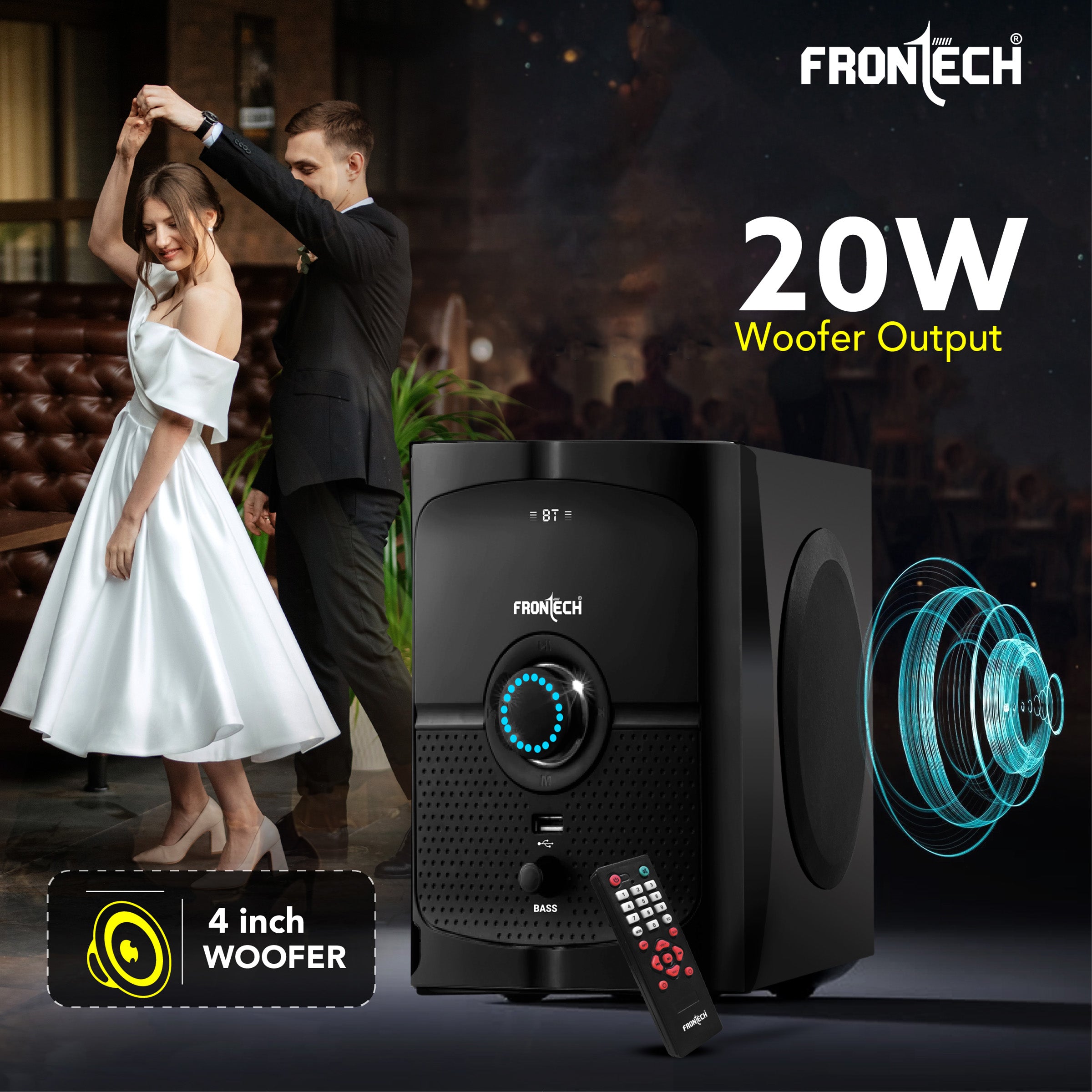 Frontech 4.1 Channel Multimedia Bluetooth Speaker System 60W, Bluetooth Connectivity, Wired Multimedia Computer Speaker, FM, Audio in Speakers, 20mm Subwoofer, Wide Compatibility (SW-0127)