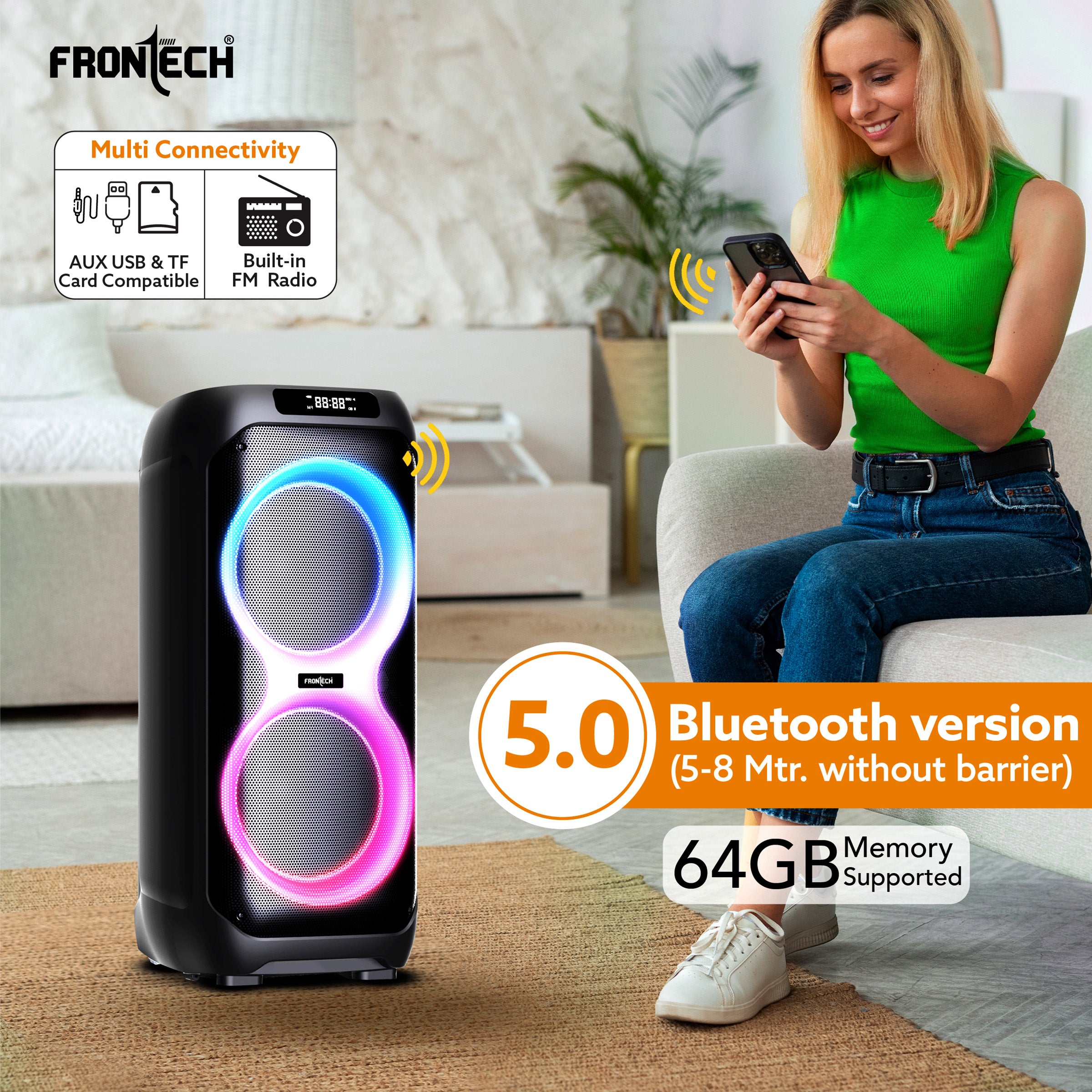 Frontech SMASH PRO-22P 100W Portable Party Speaker | True Wireless| Karaoke Function with Wireless Mic | RGB LED Disco Lighting | Bluetooth 5.0 | FM Radio| USB, TF, AUX| Type-C Charging Port | 1 Year Limited Warranty (SW-0022P)