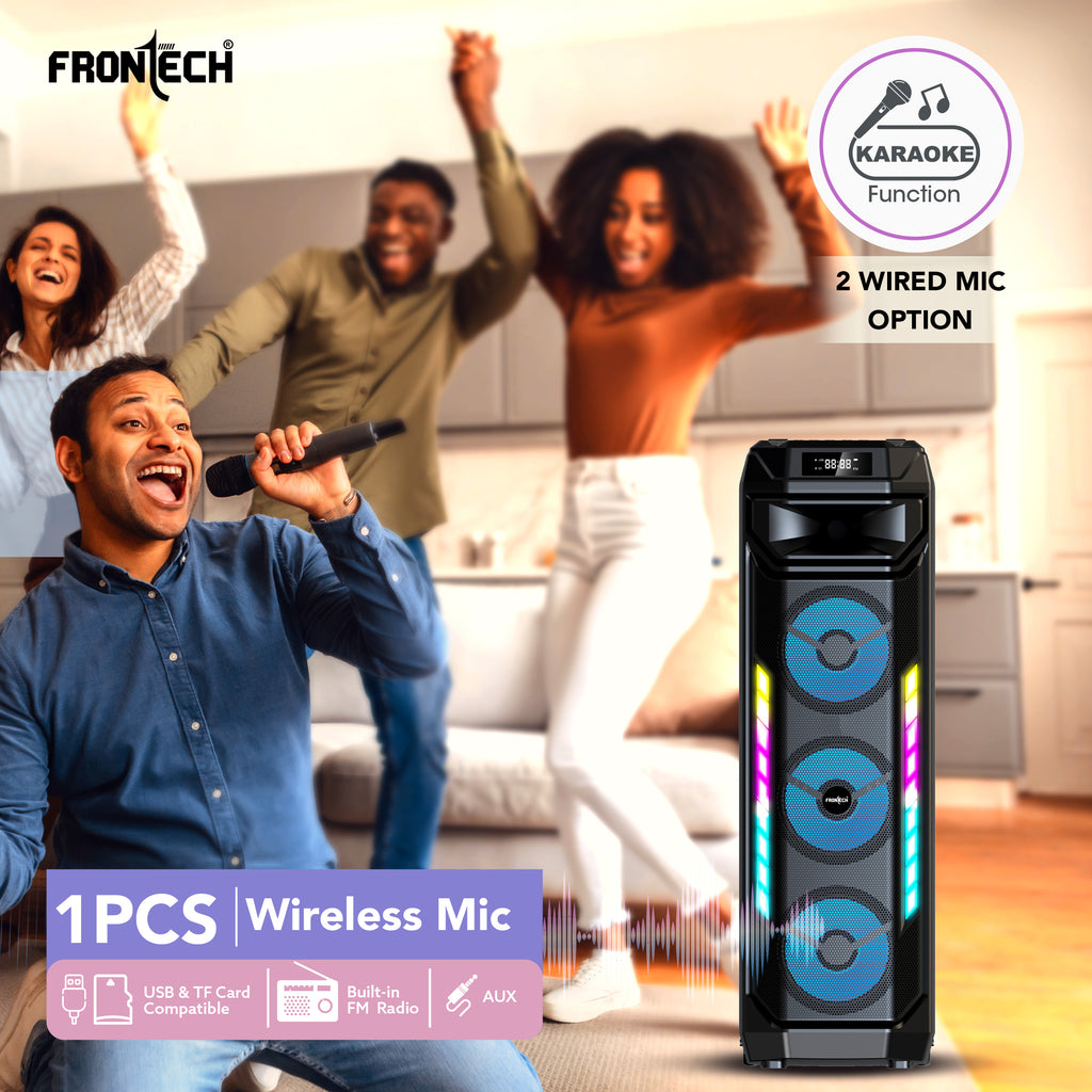 Frontech Smash PRO-20P 90W Trolley Speaker | Karaoke with Wireless Mic | TWS | RGB Lights | BT 5.0 | USB/TF/AUX/FM | 6000mAh Battery | Dual Mic Ports | Recording (SW-0020P).