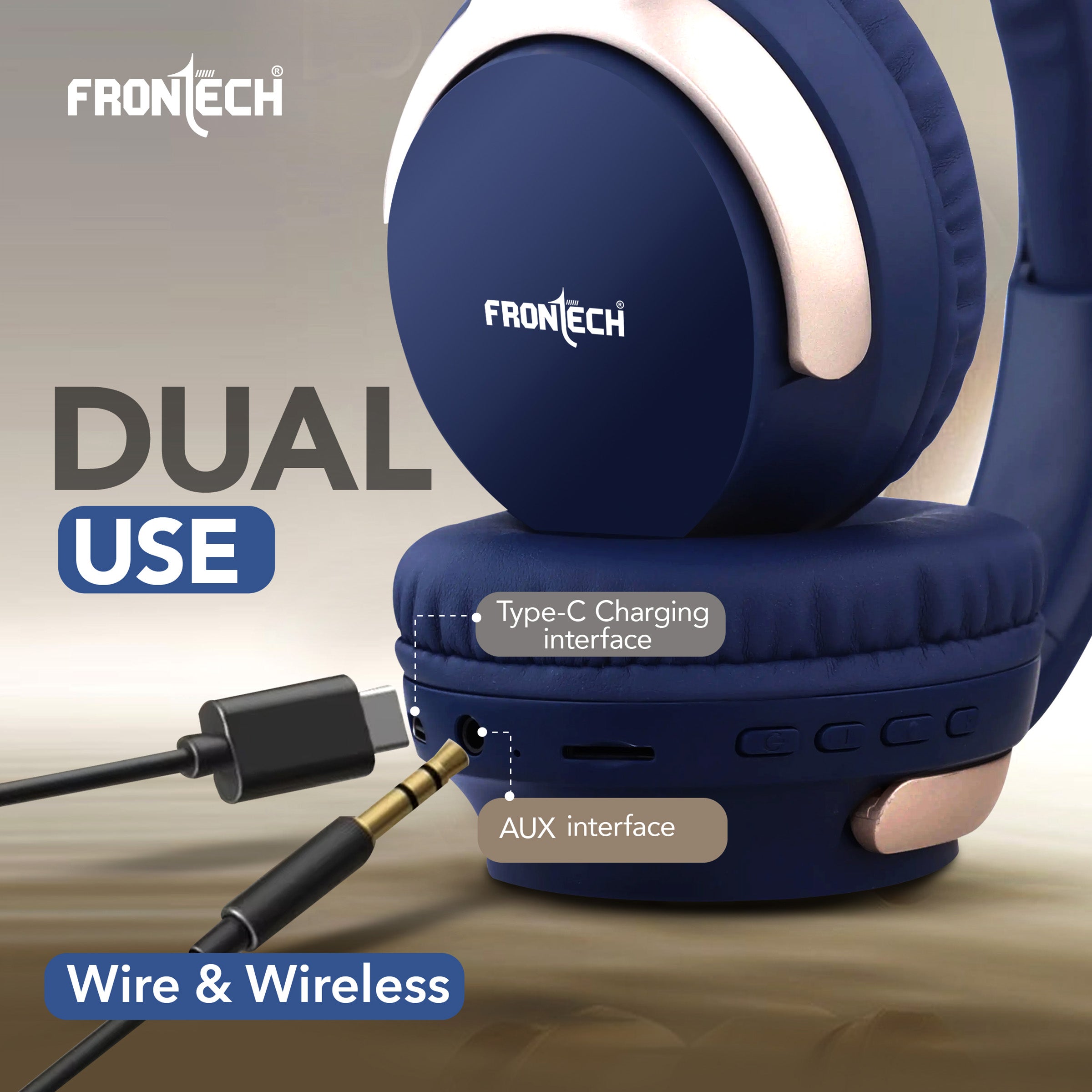 FRONTECH QHP-370 Wireless Headphones: 36HRS Playtime, 40mm Drivers, Dual Mode (BT 5.1 & AUX) - Deep Blue. (EF-0078)