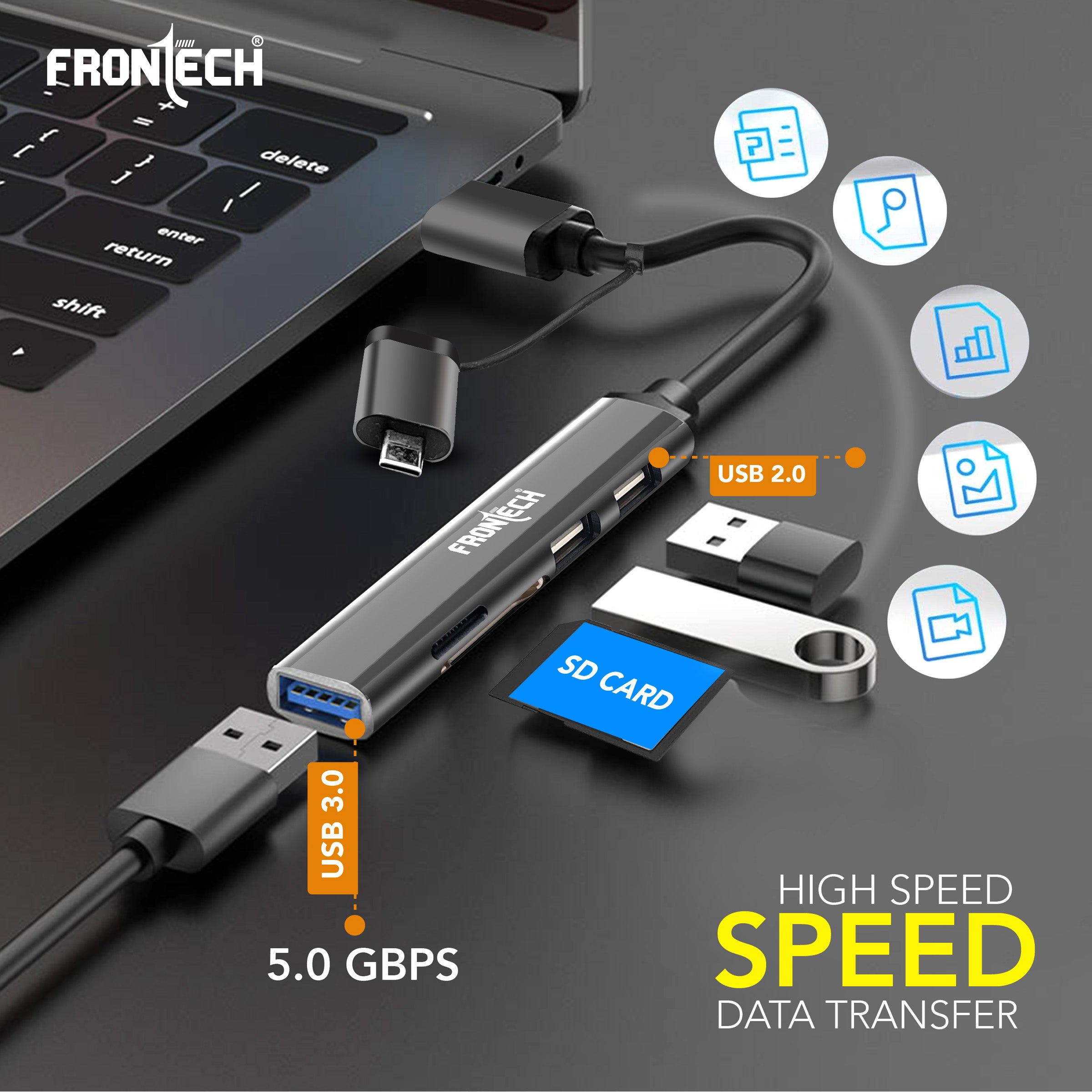 Frontech Type A+C 5 in 1 USB Hub, Upto 5GBPS DataTransfer Speed,Dedicated Card Reader & Micro SD Slot, Universally Compatible with All USB,Speaker,Laptop,Hard Drive,15cm Cable (NC-0040)
