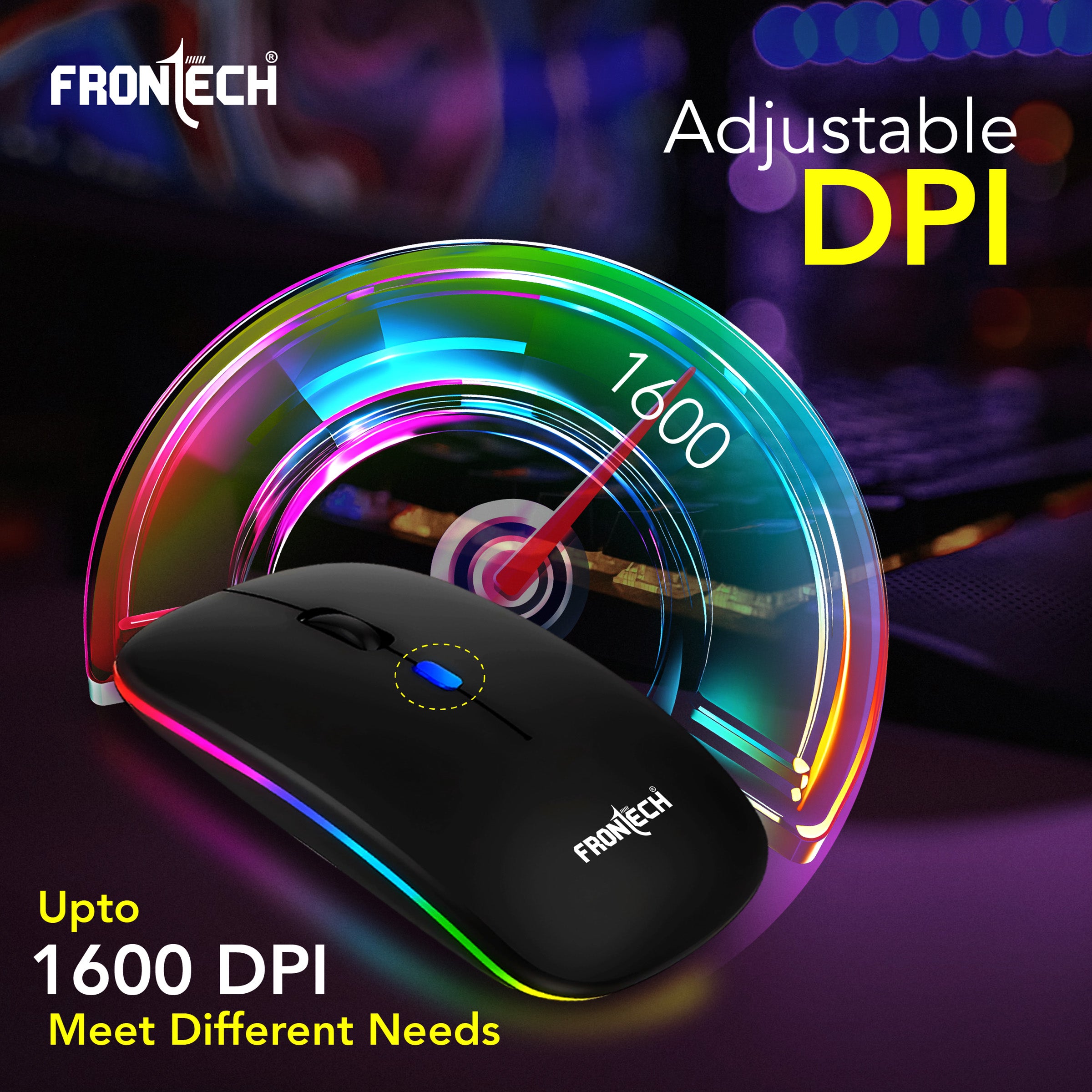 Frontech Wireless Mouse with Bluetooth 5.0 & 2.4 Ghz Dual Wireless Connectivity, Rechargeable Battery, Backlit Effect, Adjustable DPI up to 1600 Compatible with Laptop, MacBook, PC.(MS-0057)