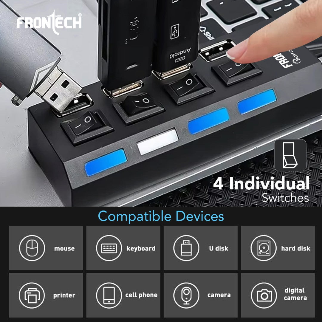 4-Port USB 2.0 Hub | Switches & LED Indicators, 480 Mbps Speed, Fuse Protection (NC-0033)