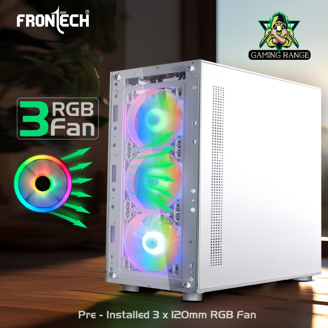 Xylo Gaming ATX Cabinet | Tempered Glass Side Panel, 3x120mm RGB Fans, USB 2xUSB 1.1 & 3.0 Ports, White (FT-4285W)