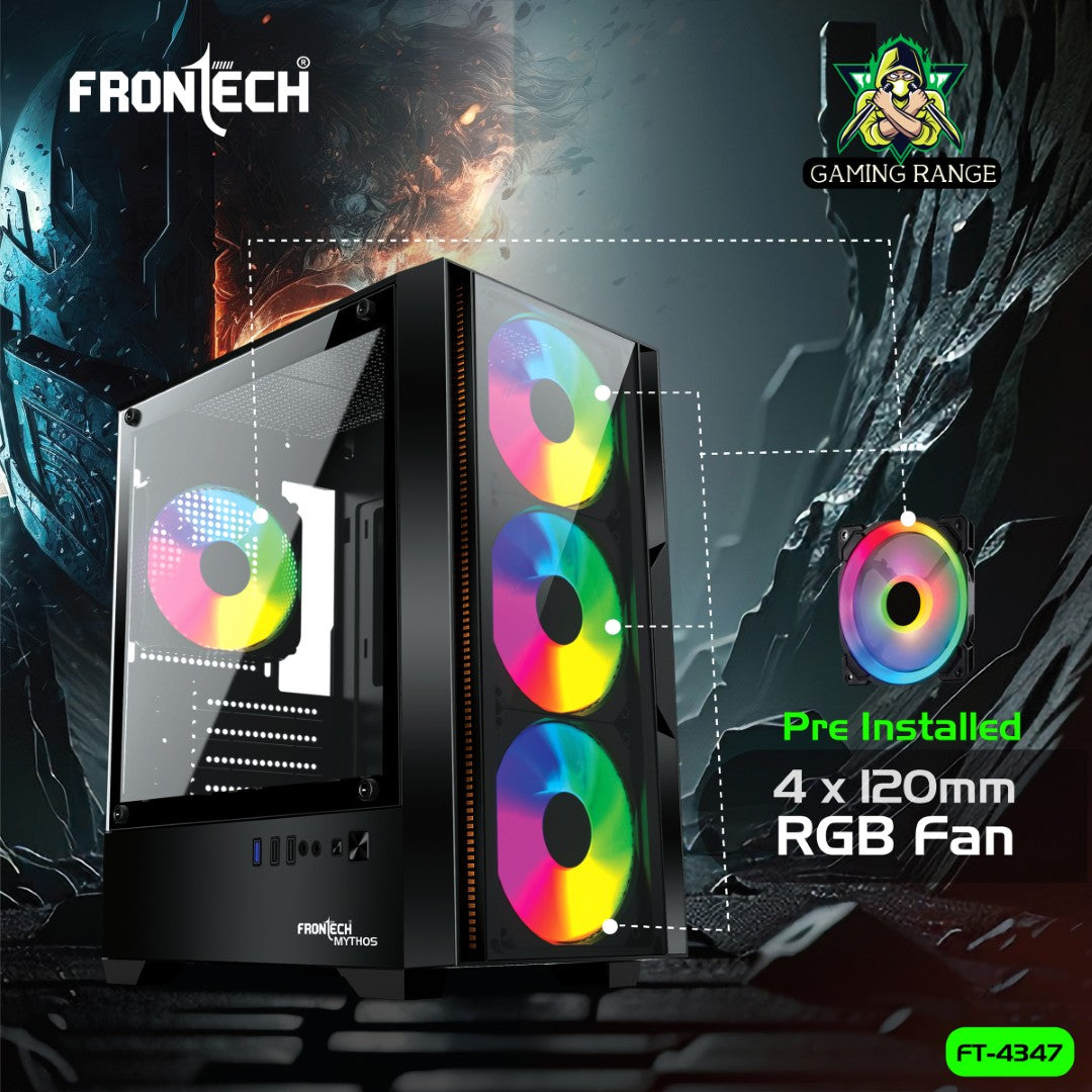 Gaming PC Cabinet | 4 x 120mm LED Fans, Tempered Glass, USB 1.0 & 3.0 (FT-4347)