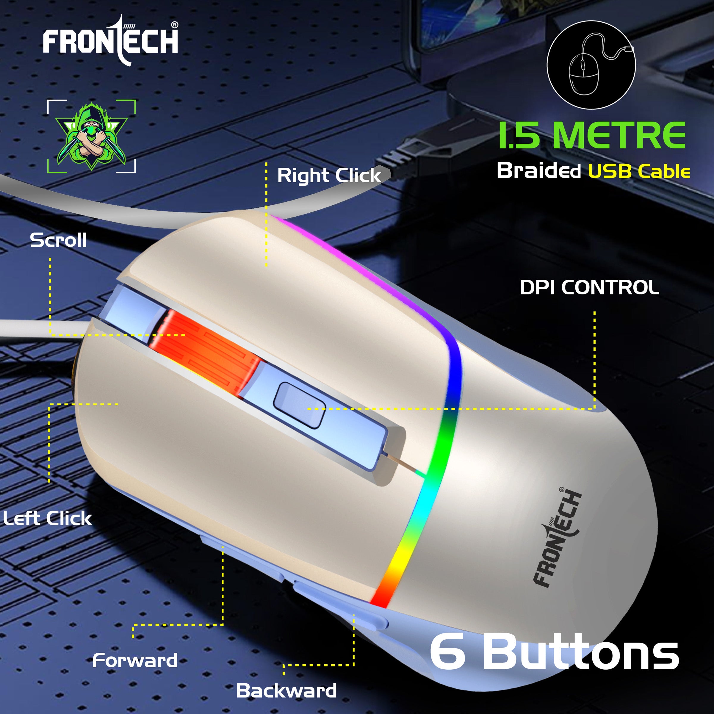 Frontech GM-314WH Wired Gaming Mouse - Ergonomic 7200 DPI RGB. (MS-0105)