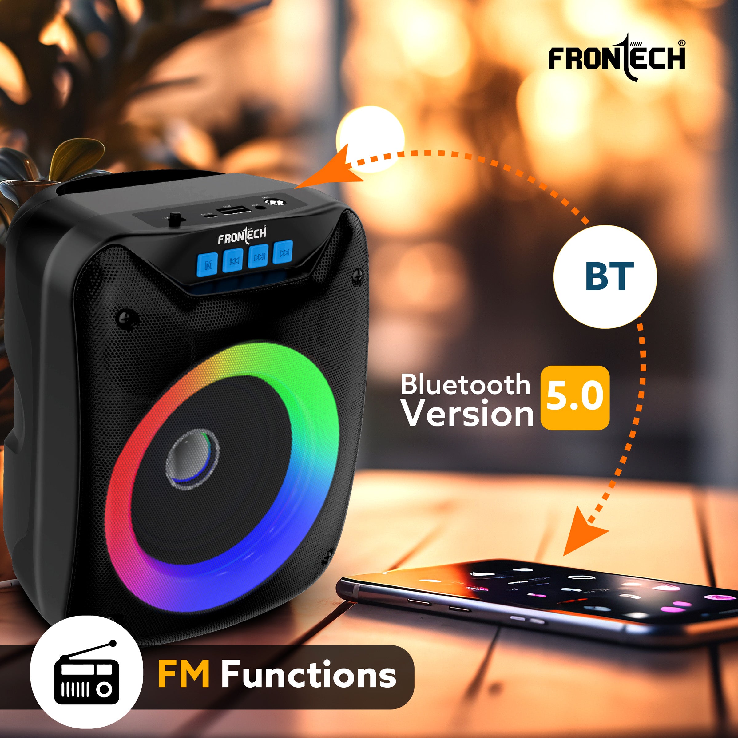FRONTECH Immerse Yourself in Rich Audio Multi-Media Speaker with BT 5.0 | AUX | MIC | USB | FM | 3W Output Power (SW-0185)