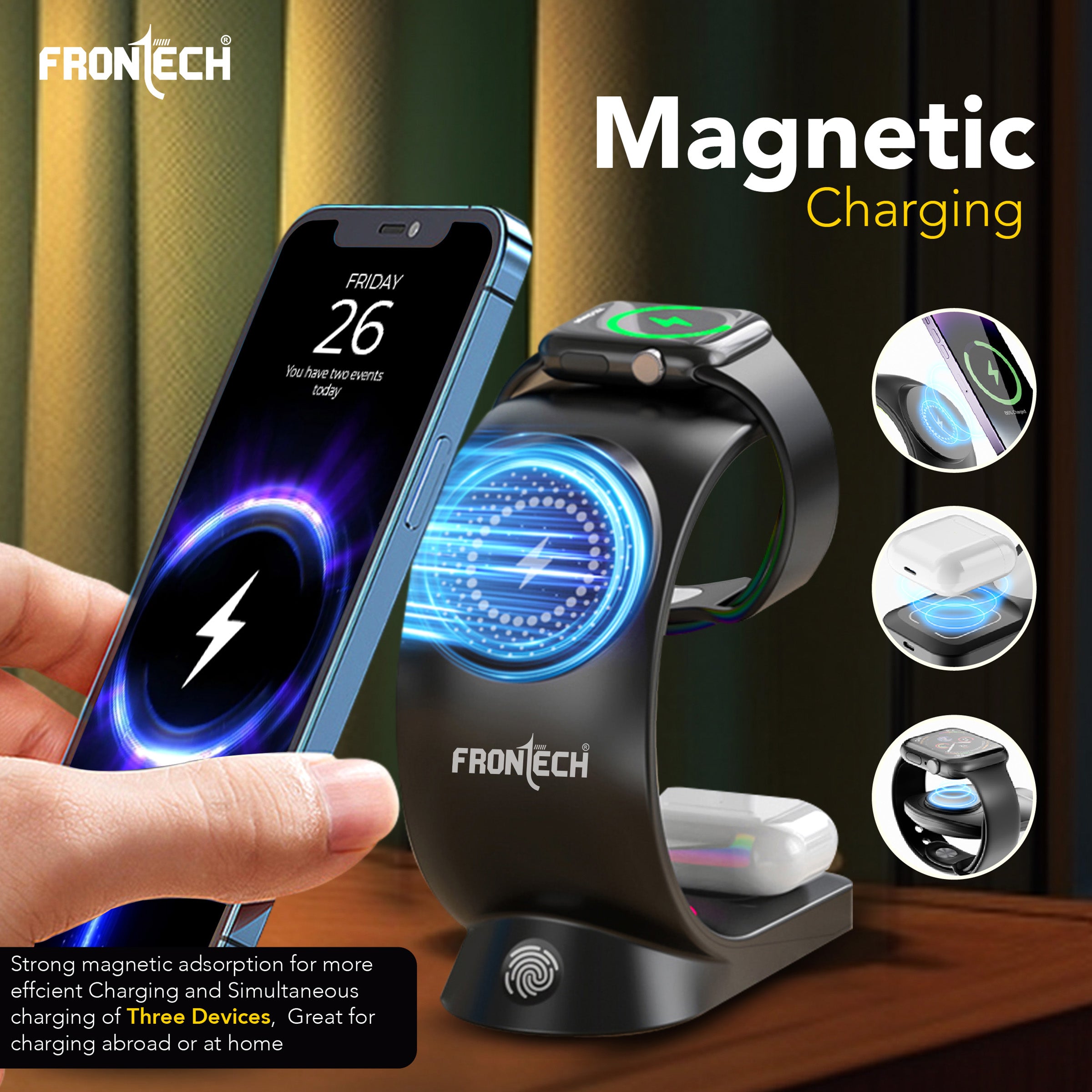 Frontech Magnetic 3-in-1 Wireless Charging Stand - Fast Charging | MagSafe Alignment | RGB Light | 360° Rotation (CCH-0016)
