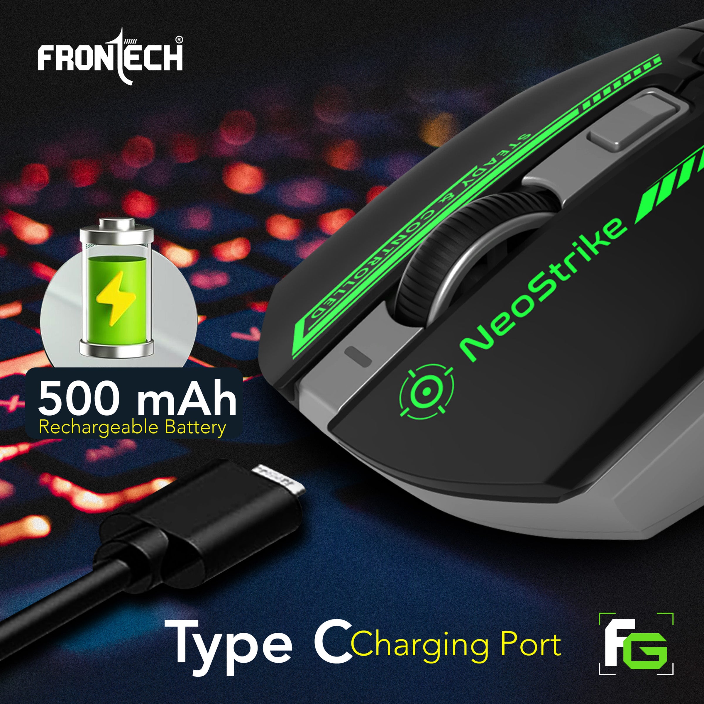 Frontech Neo Strike Wireless Gaming Mouse with 3200DPI, Comfortable & Ergonomic Design, RGB LED Lights, 6 Buttons, in-Built Rechargeable Battery, Power & LED ON/Off Switch.(MS-0059)